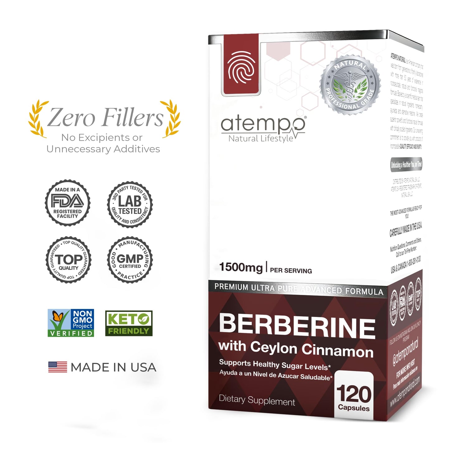 ATEMPO NATURAL LIFESTYLE Berberine Supplement with Ceylon Cinnamon HCL 1500mg Natural Berberine Extract for Metabolic Support & Overall Wellness 120 Capsules