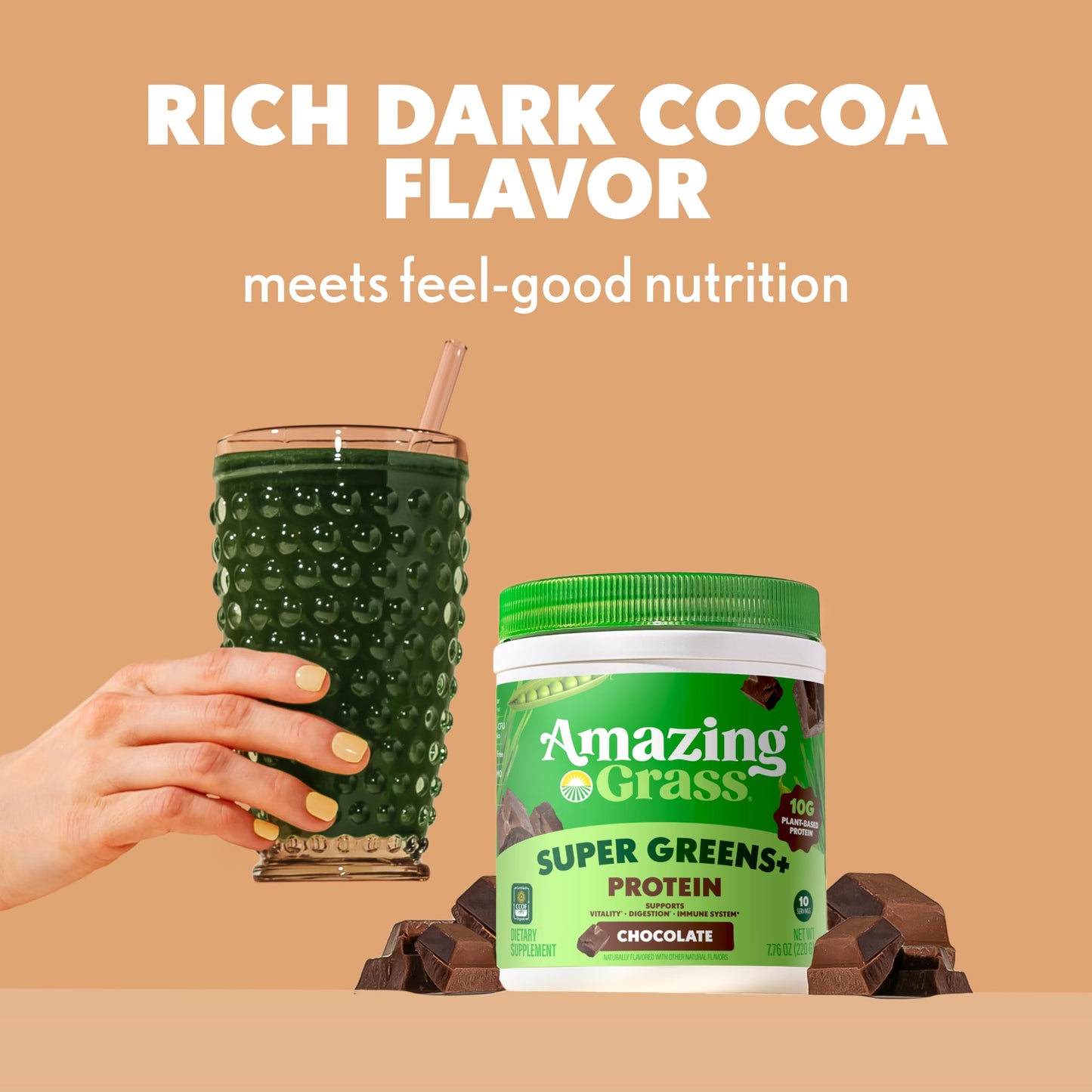 Amazing Grass Super Greens+ Protein Powder, Chocolate, 7.76 oz, 10 Servings
