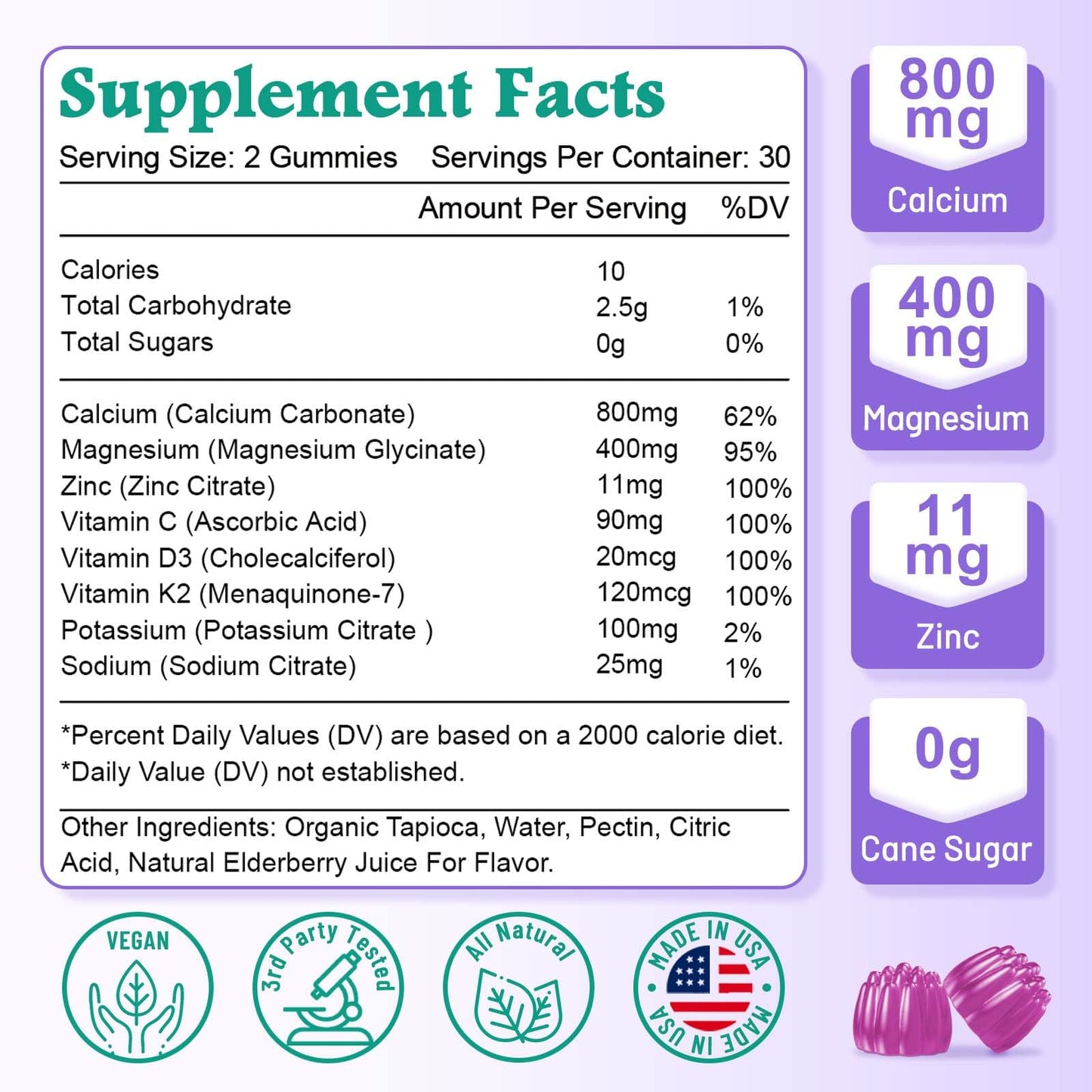 VZOXAINS Calcium Magnesium Gummies with Potassium & Vitamin D3, Sugar Free, Vegan, Elderberry Flavor, 120 Gummies