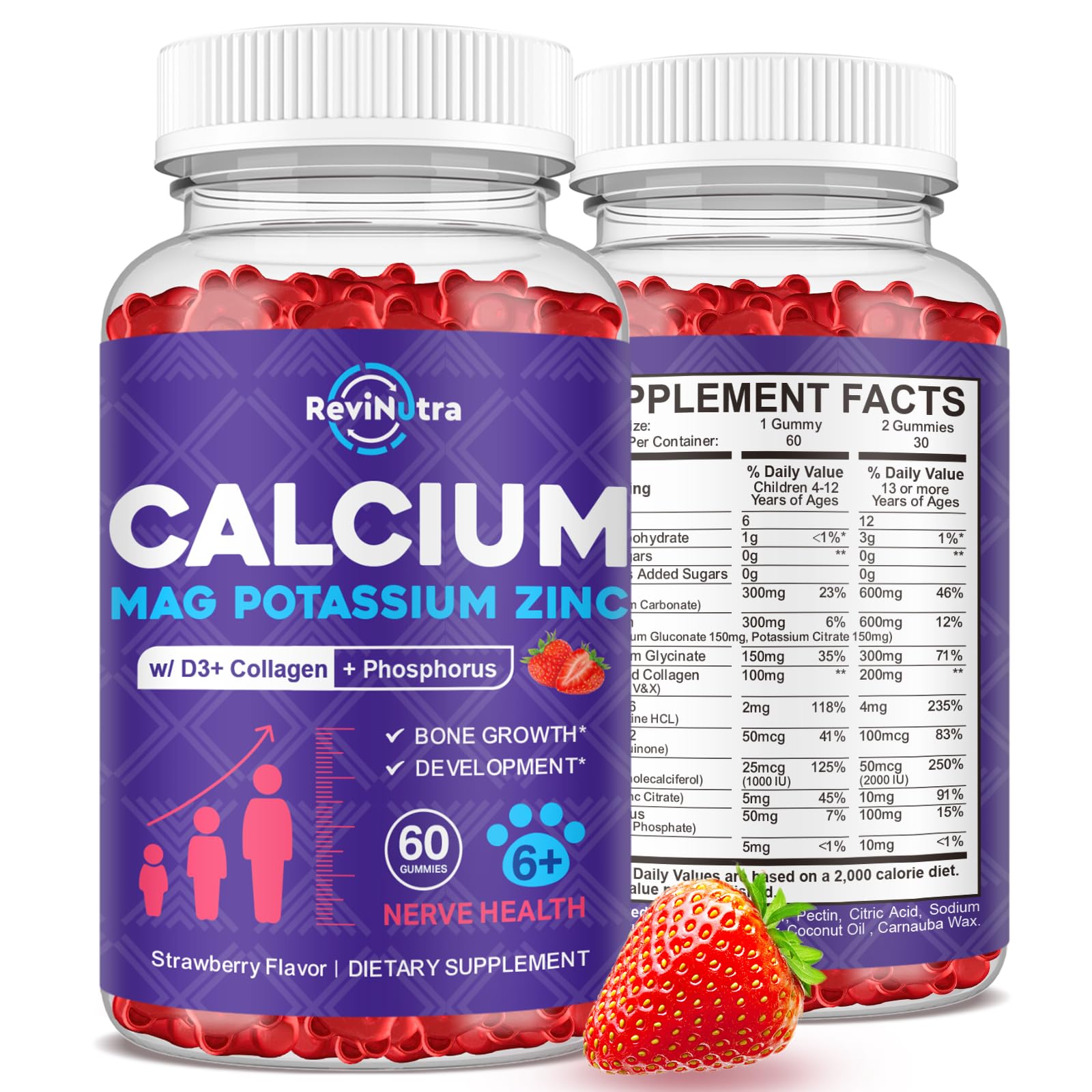 ReviNutra Calcium Potassium Magnesium Gummies for Kids & Adults 60 Count