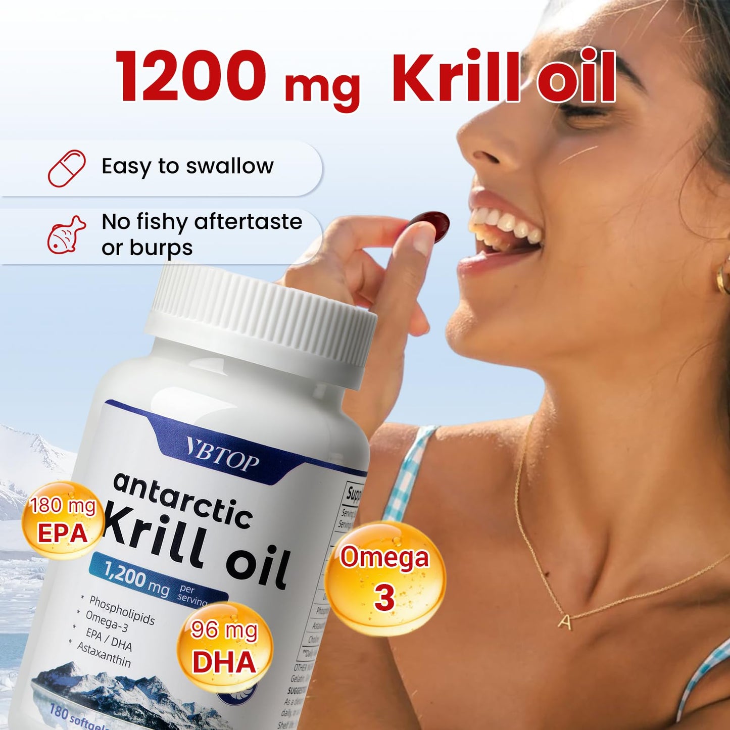 VBTOP Antarctic Krill Oil 1200mg with Omega-3 EPA DHA, Phospholipids, Astaxanthin & Choline, Mercury Free, No Fishy, Supports Heart, Brain & Joint Health Softgels 360
