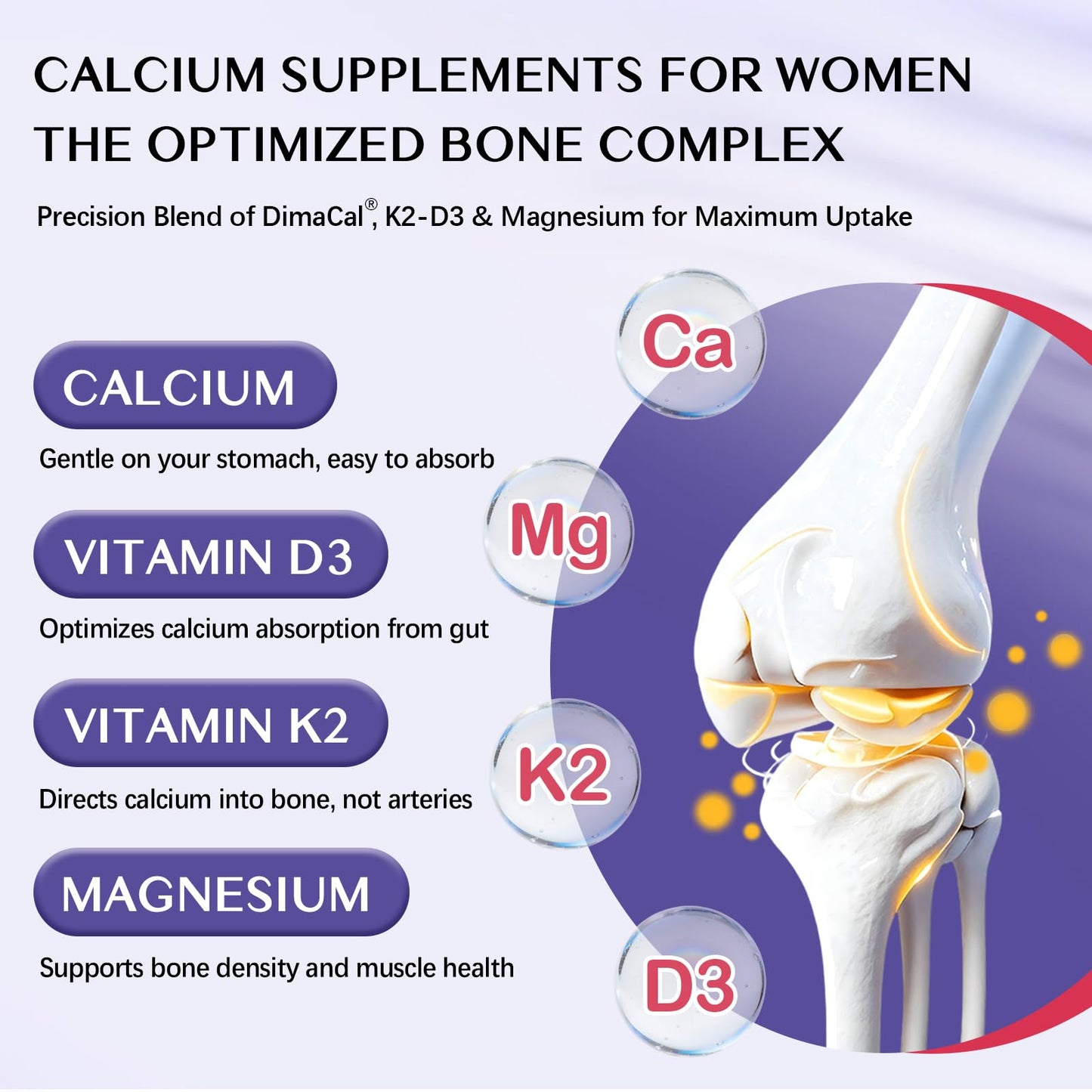 Novafun Calcium Supplements for Women 1000mg High Absorption Dicalcium Malate with Vitamin D3, K2, Magnesium, Collagen & Hyaluronic Acid - Bone & Skin Support Capsule, 90 Count
