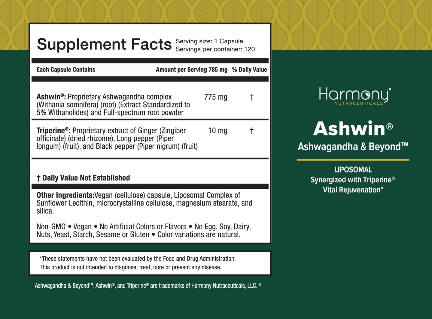 Harmony Nutraceuticals Ashwin Liposomal Ashwagandha High Potency Root Extract with Triperine Absorption Complex 120 Capsules