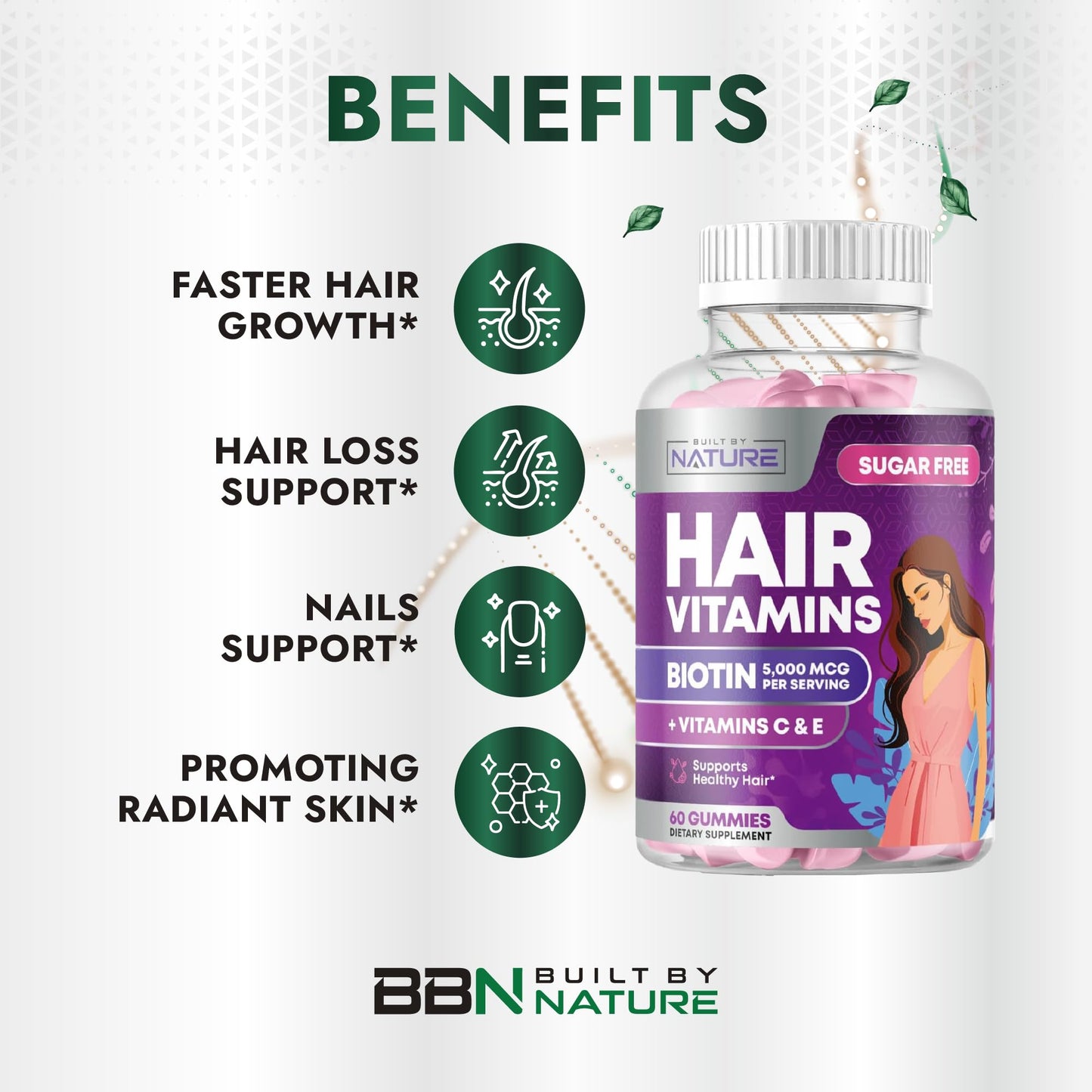 Built by Nature Hair Skin and Nails Vitamins – Hair Growth Gummies with Biotin for Women, Skin & Nail Support – 60 Gummies