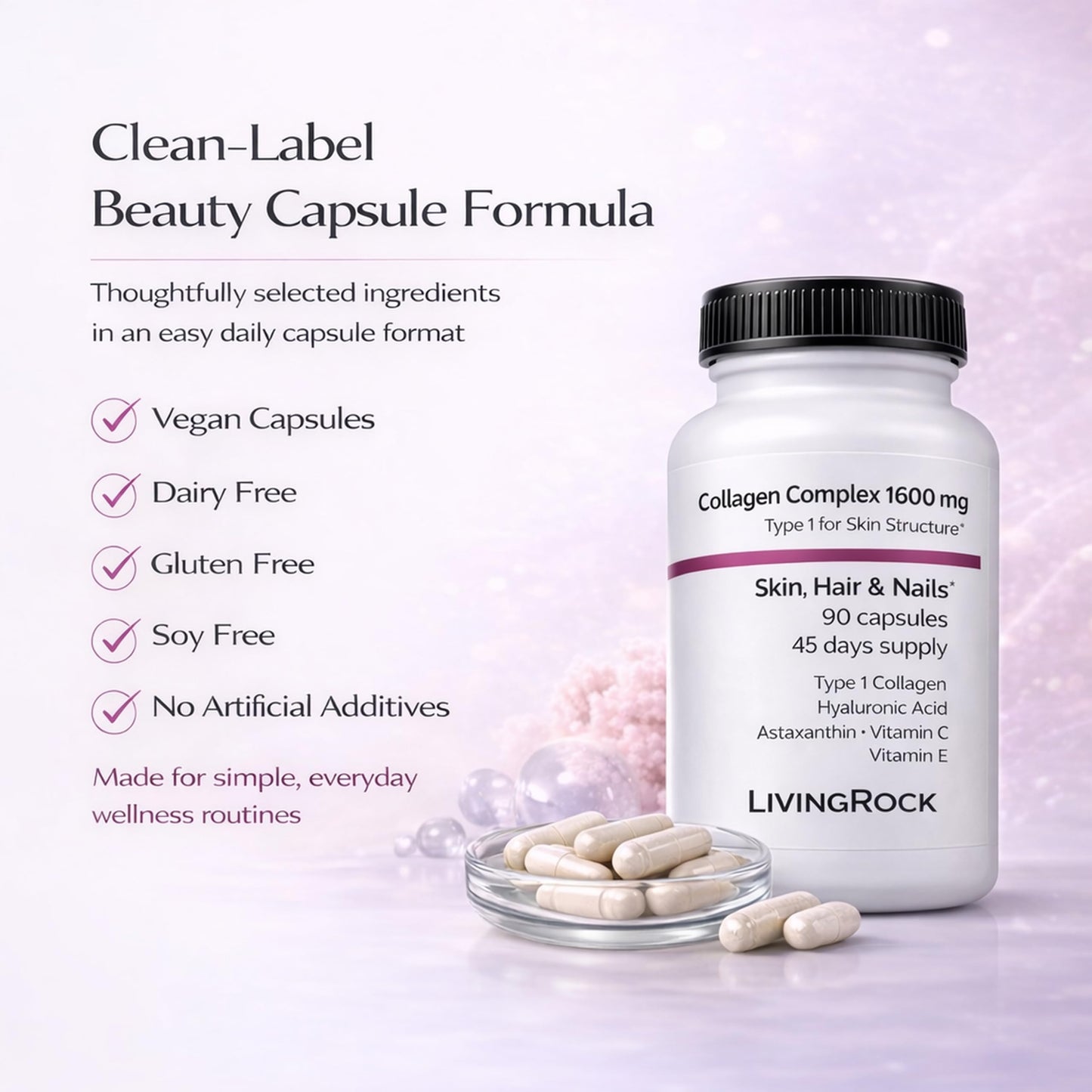 LivingRock Marine Beauty Collagen Complex for Skin, Hair & Nails with Type 1 Marine Collagen, Hyaluronic Acid, Astaxanthin, Vitamins C & E, 90 Capsules