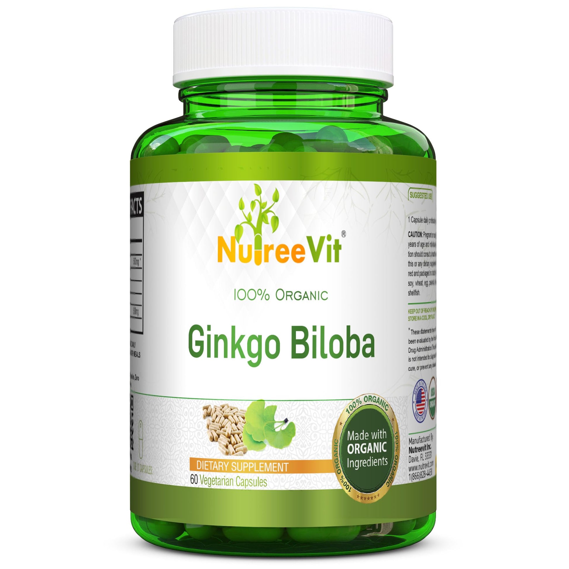 NutreeVit 100% Organic Ginkgo Biloba Capsules 180 Count
