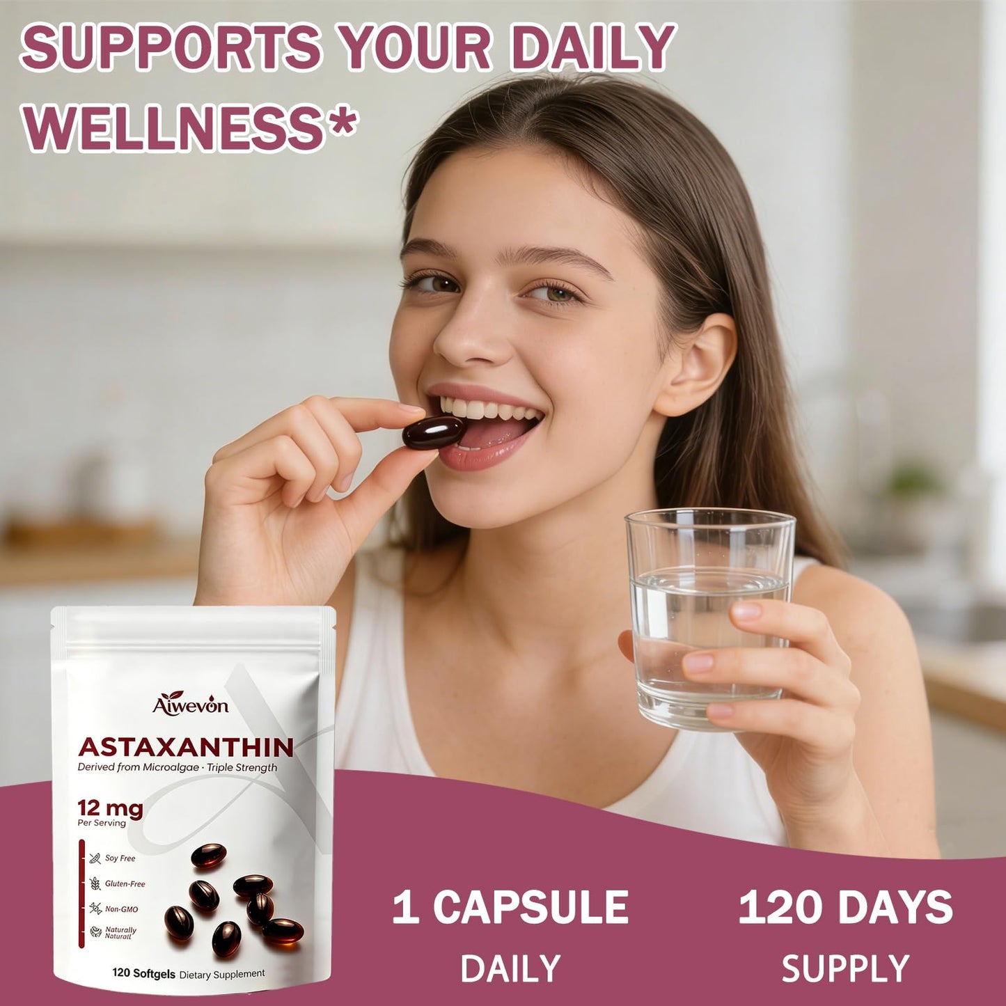 Aiwevon Astaxanthin Supplement 12mg Capsule, 120 Count