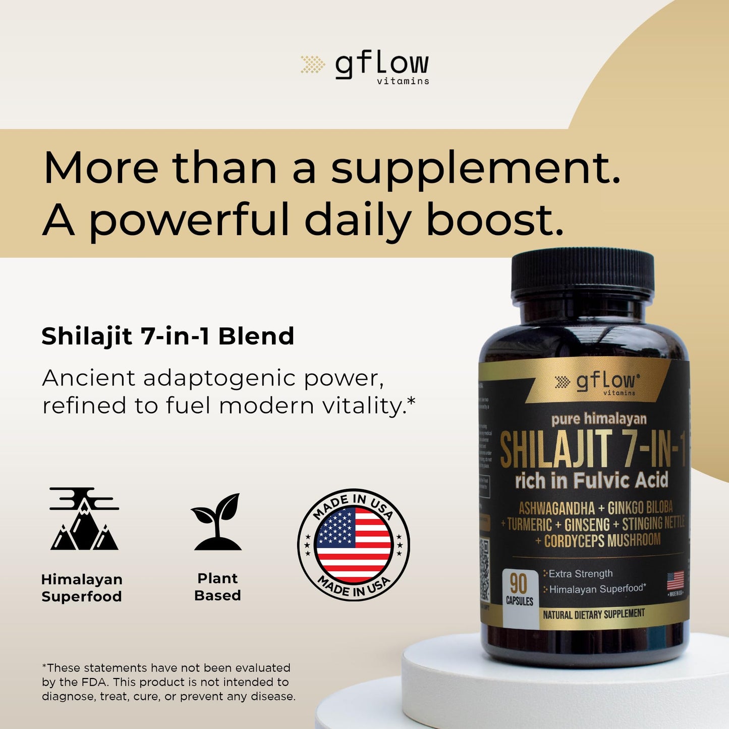 GFlow Vitamins Shilajit with Ashwagandha Rich in Fulvic Acid with Turmeric, Ginseng, Ginkgo Biloba, Stinging Nettle Cordyceps Mushroom Capsules, 90 Count