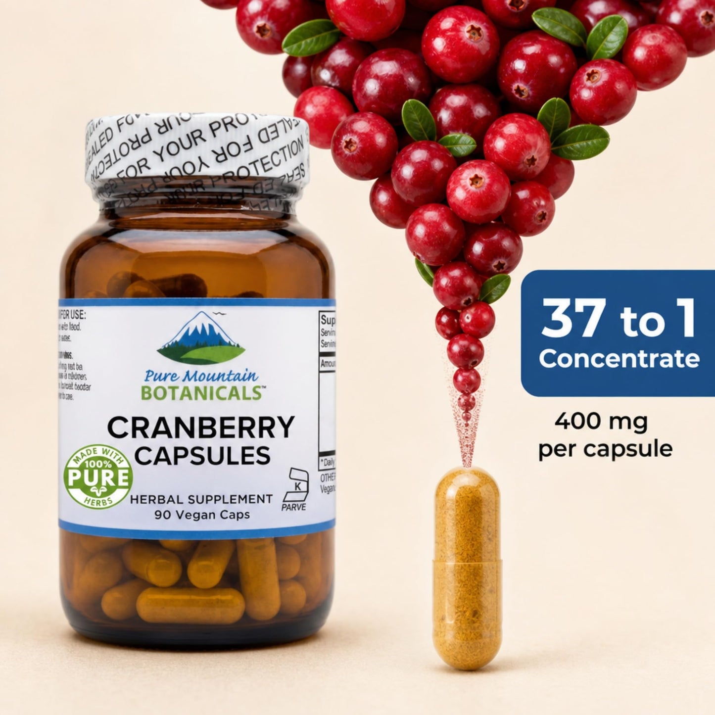 Pure Mountain Botanicals Cranberry Pills for Women 400mg Extract Capsules 90 Capsules