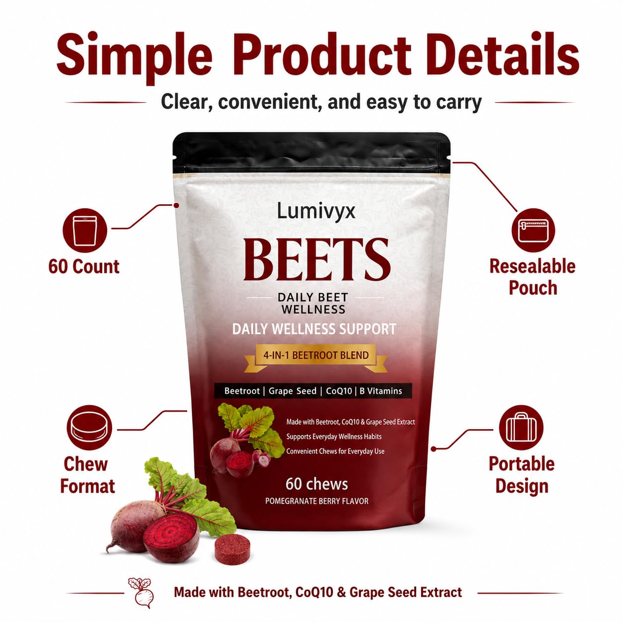 Lumivyx Beet Chews Beetroot Blend with CoQ10 & Grape Seed Extract, Pomegranate Berry Flavor, Gummy, 60 Count
