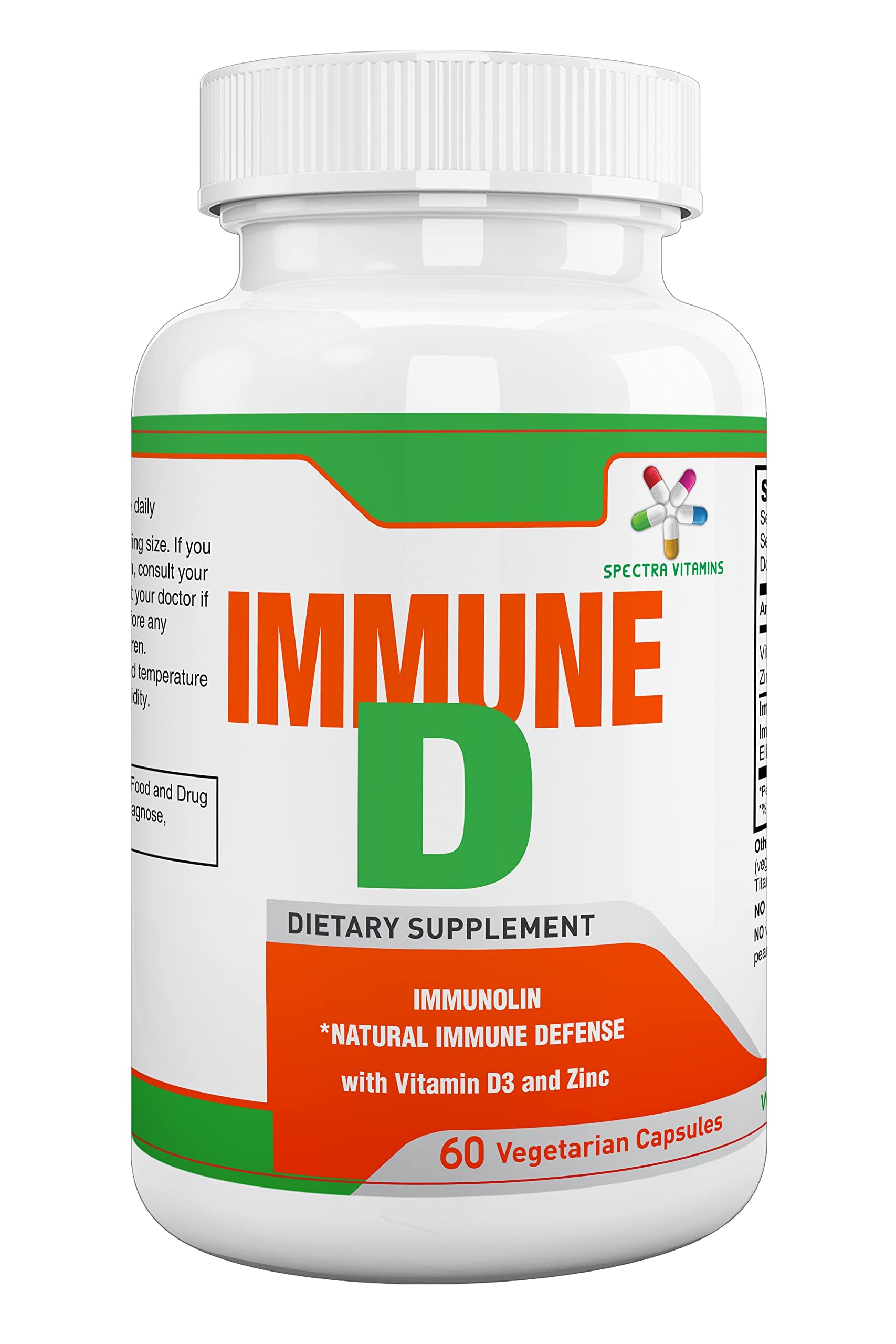Spectra Vitamins Immune D Support Dietary Supplement with Immunolin, Vitamin D3, Zinc, Ellagic Acid, 60 Capsules