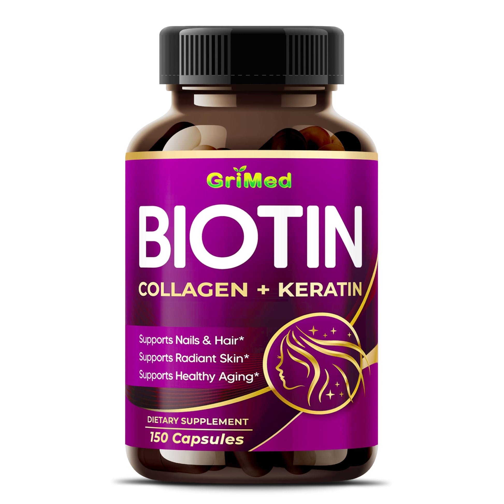 GriMed Biotin Capsules with Collagen, Keratin, Hyaluronic Acid & Resveratrol, Hair Skin and Nails Support, 150 Capsules