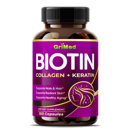 GriMed Biotin Capsules with Collagen, Keratin, Hyaluronic Acid & Resveratrol, Hair Skin and Nails Support, 150 Capsules