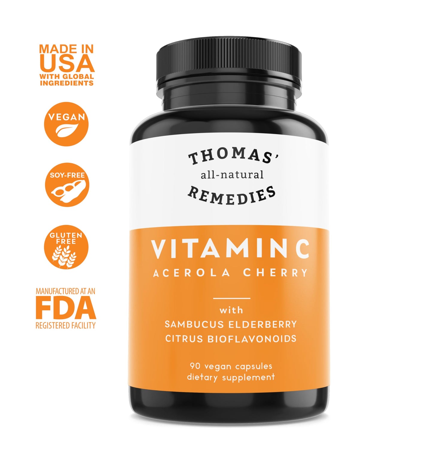 Thomas' all-natural Remedies Vitamin C Supplement with Organic Elderberry Capsules 90 Count