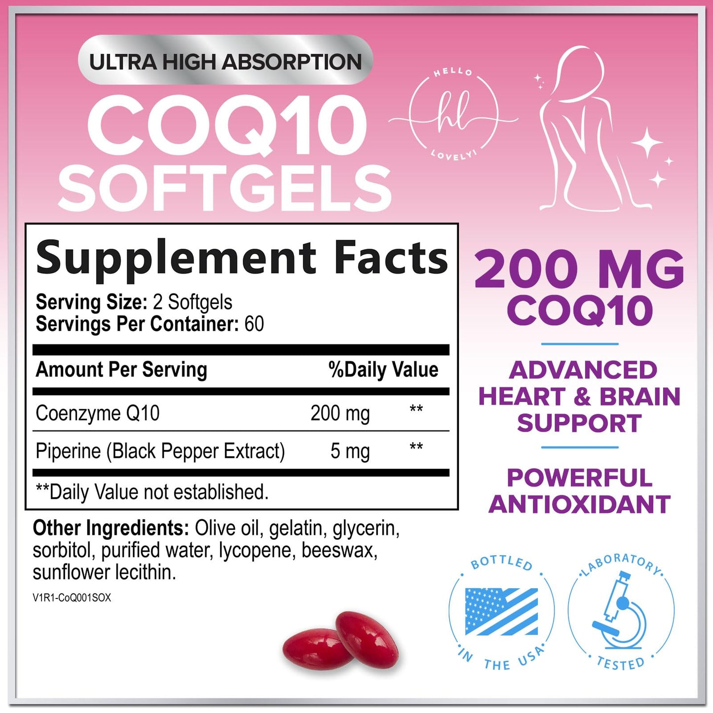 Hello Lovely! Coenzyme Q10 200mg per Serving Softgels, 120 Count