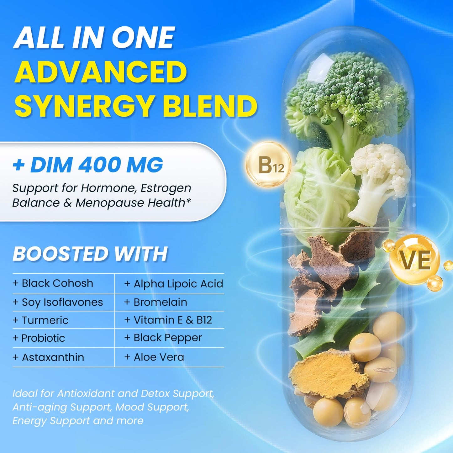 Lukaree DIM Supplement 400mg for Women - 12-in-1 Liposomal DIM Capsules with Black Cohosh, Soy Isoflavones & Alpha Lipoic Acid, Vegan, 120 Capsules