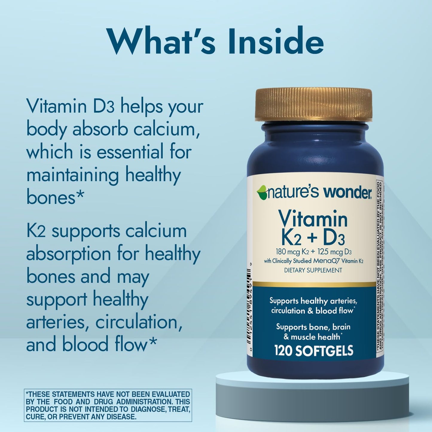 Nature's Wonder Vitamin K2 180mcg + D3 5000 IU with MenaQ7 Softgels, 120 Softgels