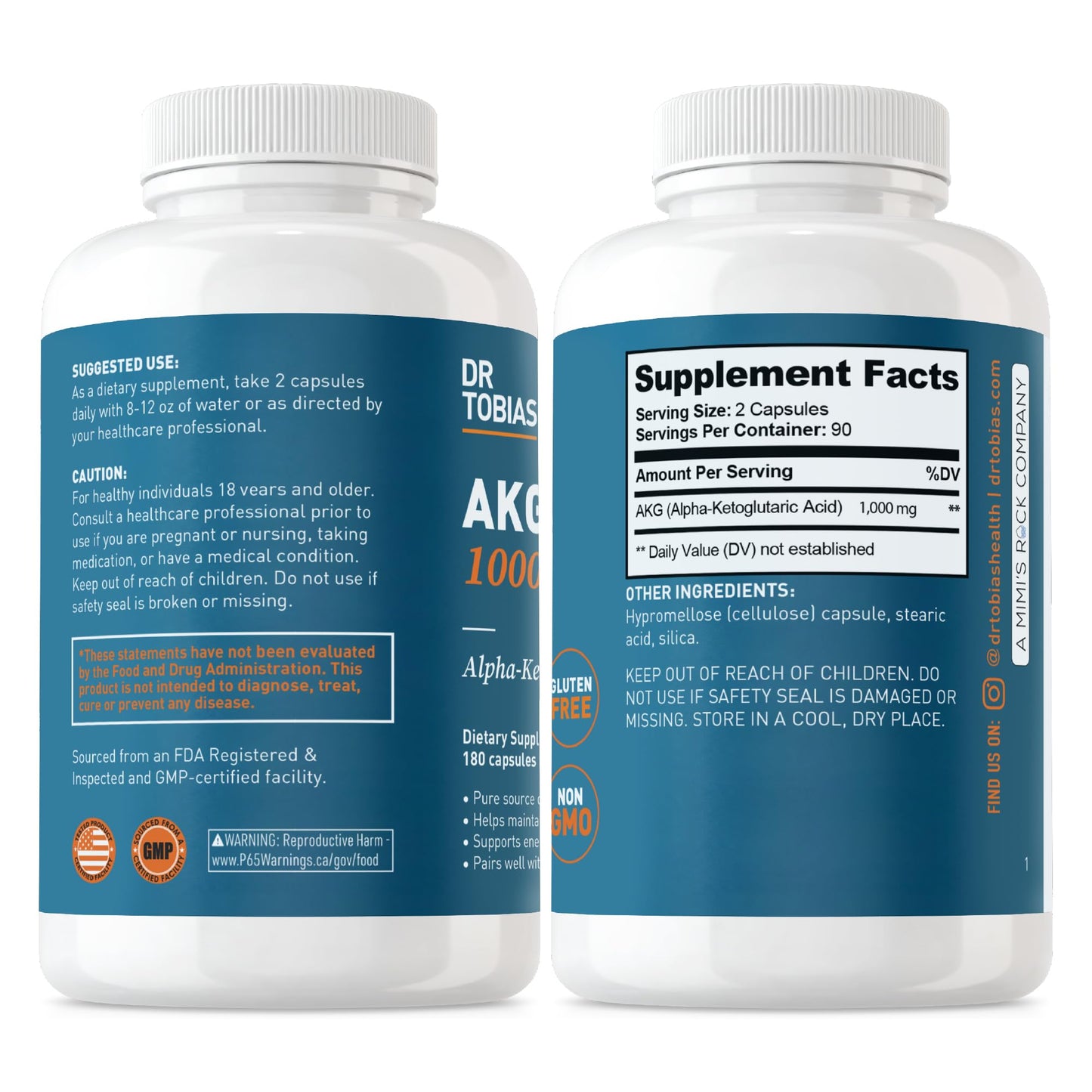 Dr. Tobias AKG Supplement 1000mg Bioavailable Alpha Ketoglutaric Acid Capsules 180 Count