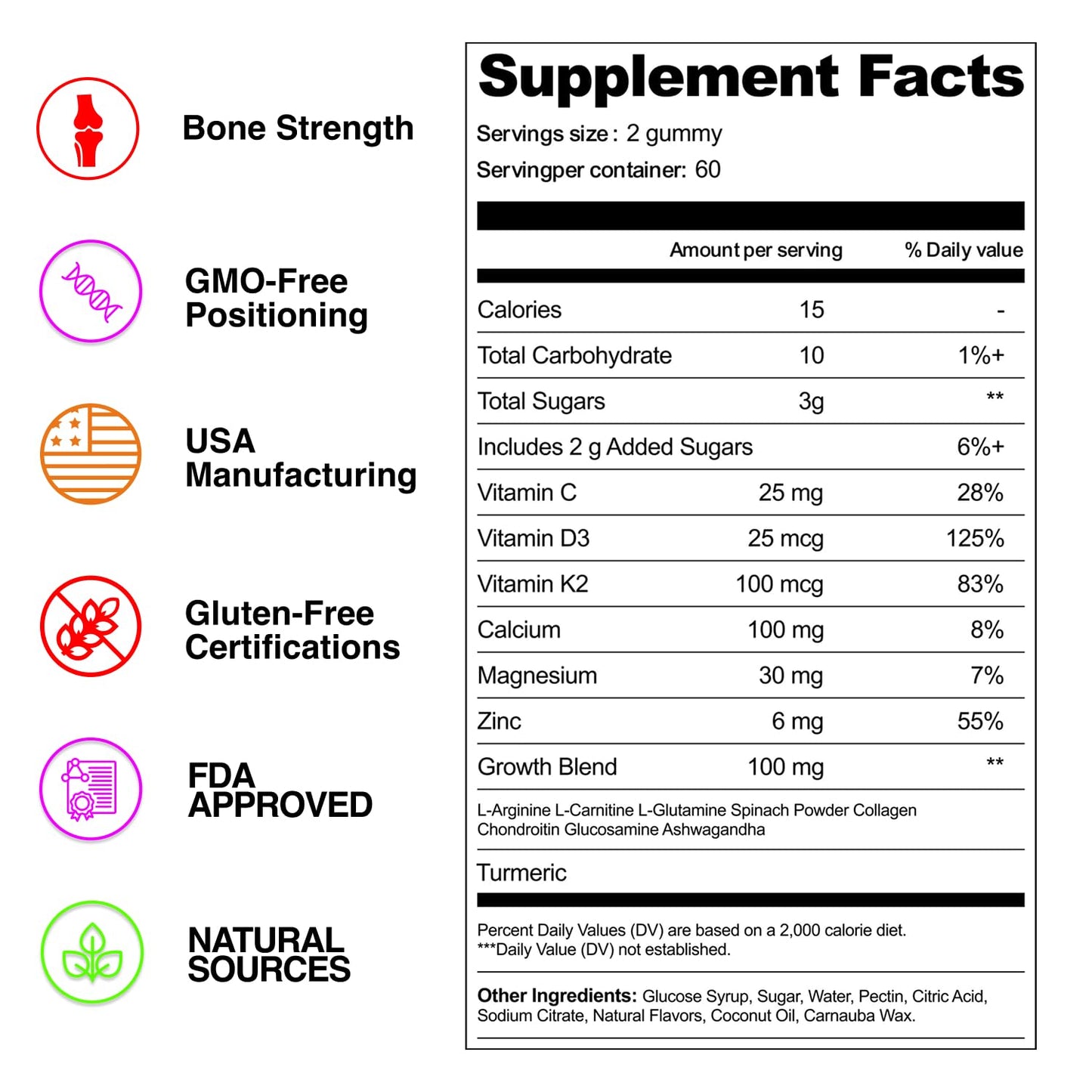 Olyvo Labs Height Growth Gummies with L-Arginine for Kids 2+ & Teens, Sugar-Free Strawberry Flavor, 60 Gummies
