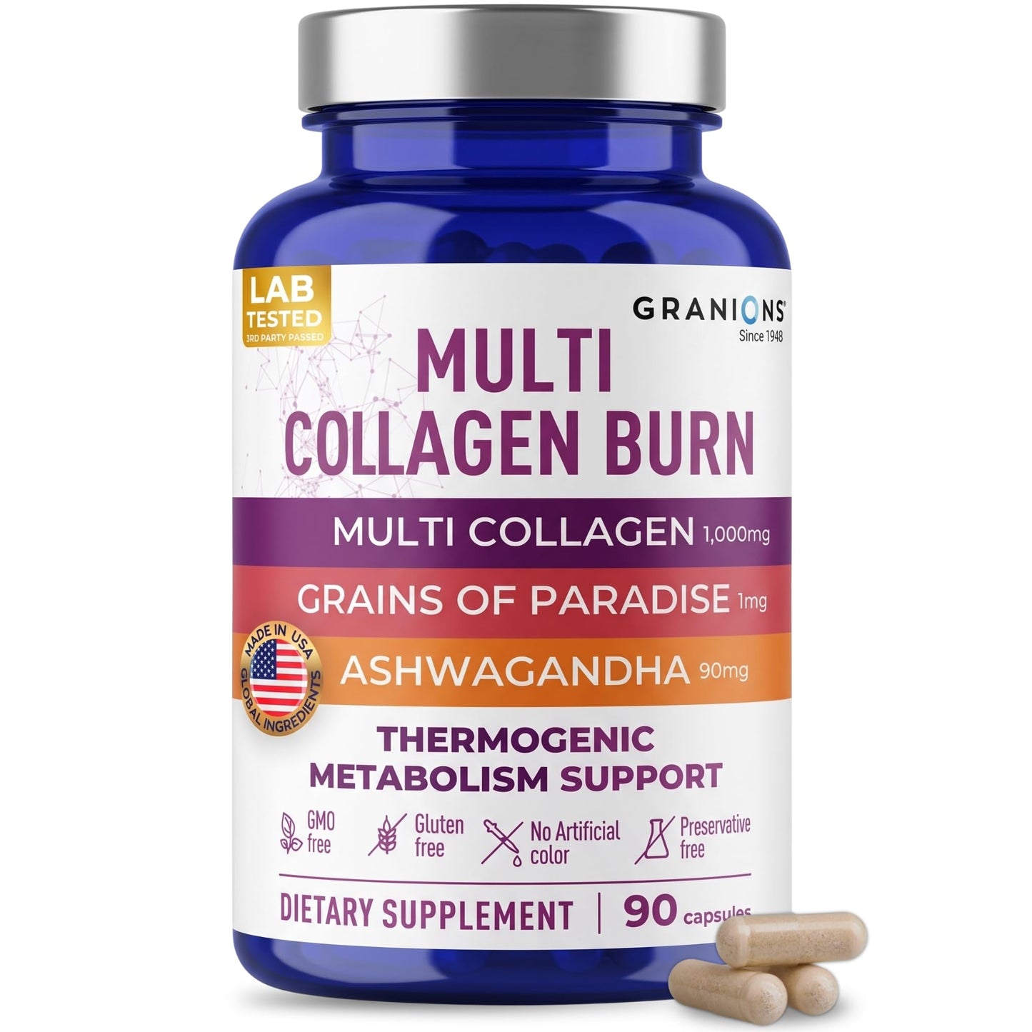 Granions Thermogenic Hydrolyzed Collagen Burn Multi Collagen Peptides Capsules, 90 Count