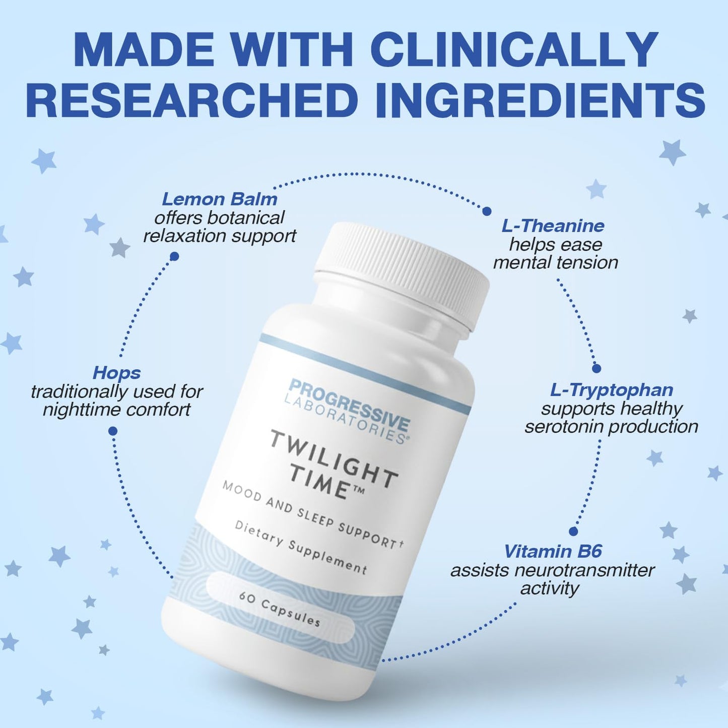 Progressive Laboratories Twilight Time Targeted Mood & Sleep Supplement with L-Tryptophan, L-Theanine, Lemon Balm, Hops, Melatonin & Vitamin B6 60 Capsules
