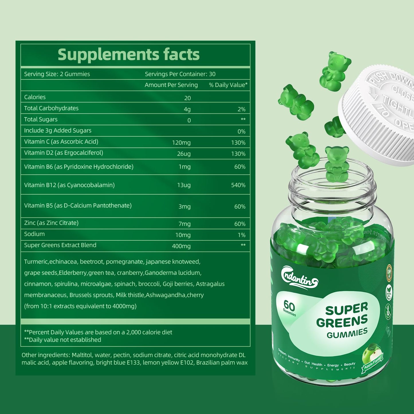 CNDANTING Multivitamin Super Greens Gummies Gummy 1 Count