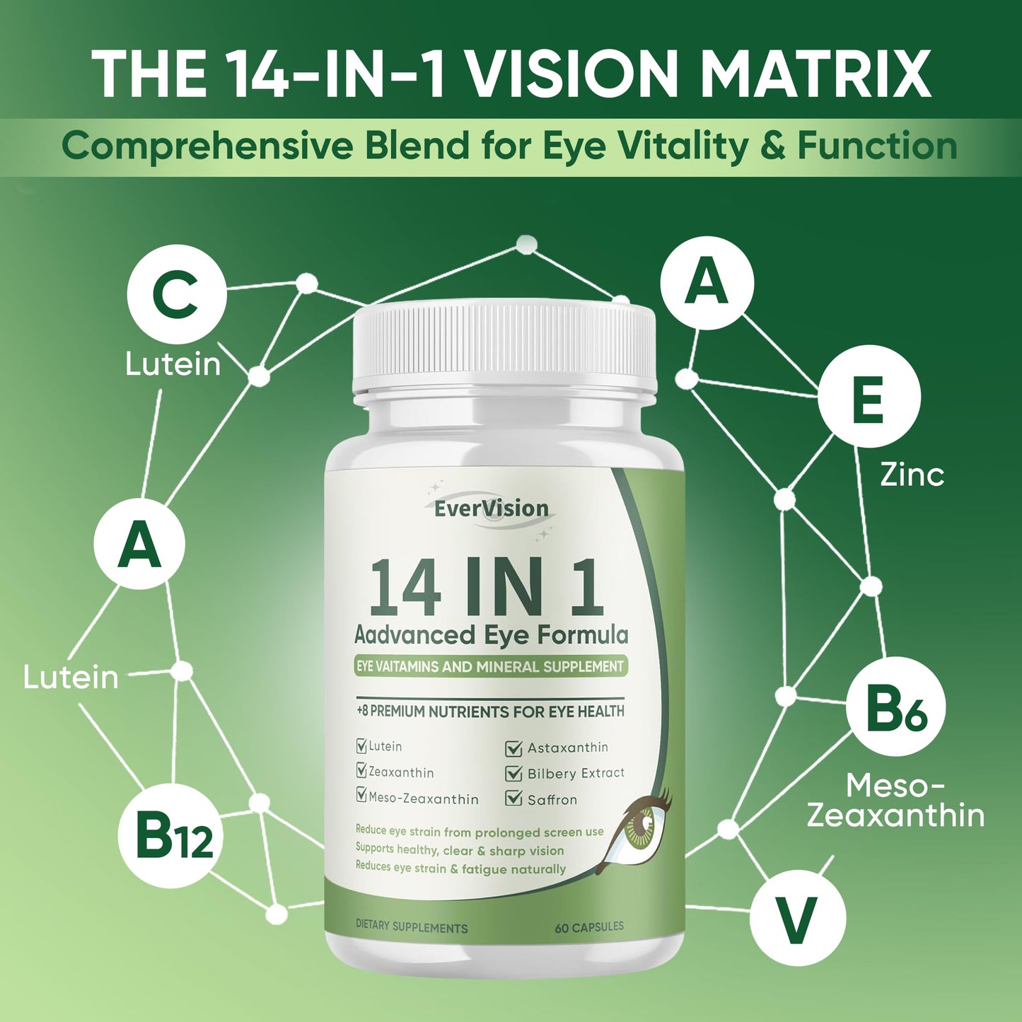 EVERVISION 14 in 1 Advanced Eye Formula Eye Supplement with Lutein, Zeaxanthin, Astaxanthin, Bilberry Extract & Zinc for Adults & Seniors, Capsule, 60 Capsules