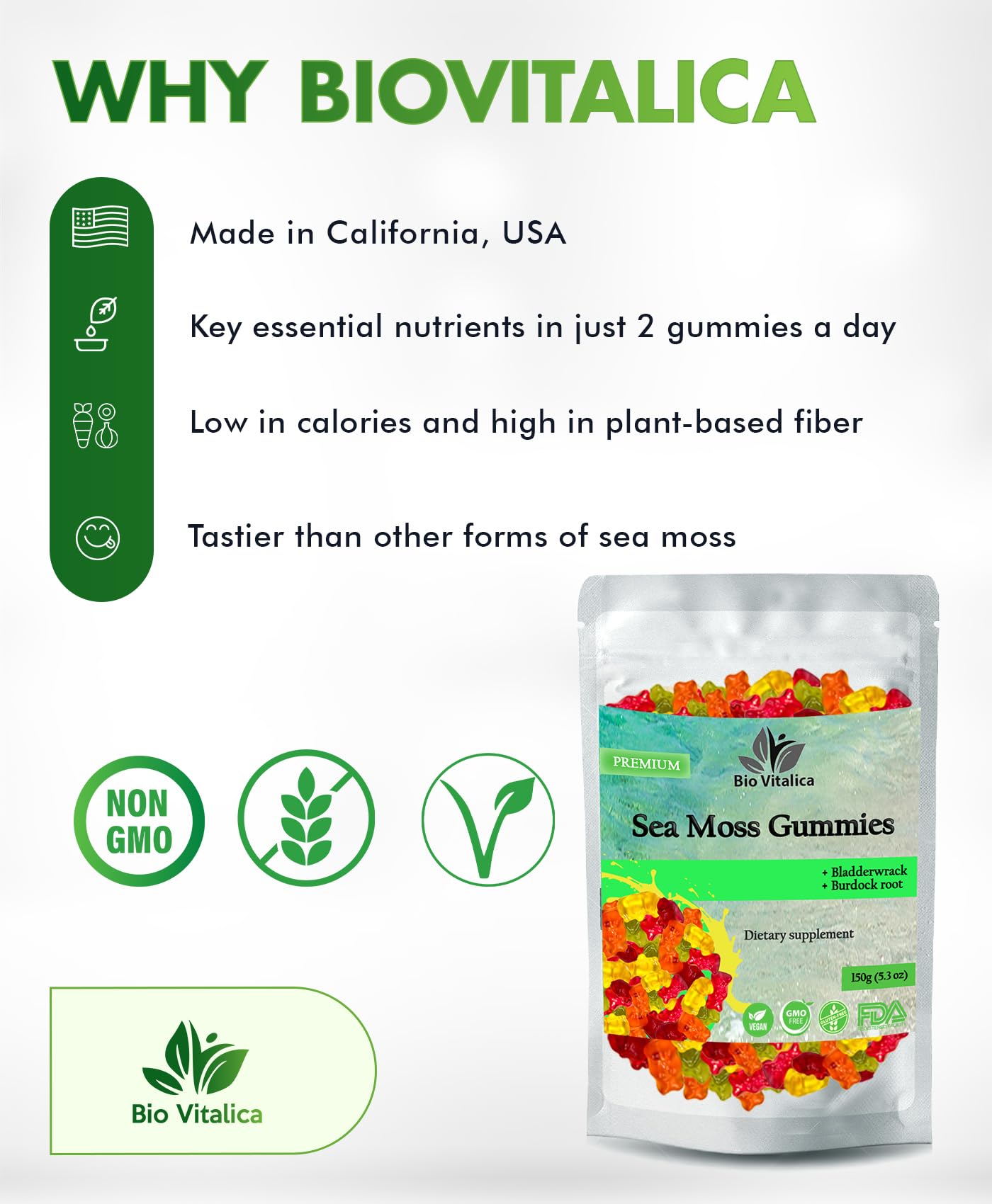 BIO VITALICA Sea Moss Gummies with Bladderwrack & Burdock Root Chewable, 150 Count