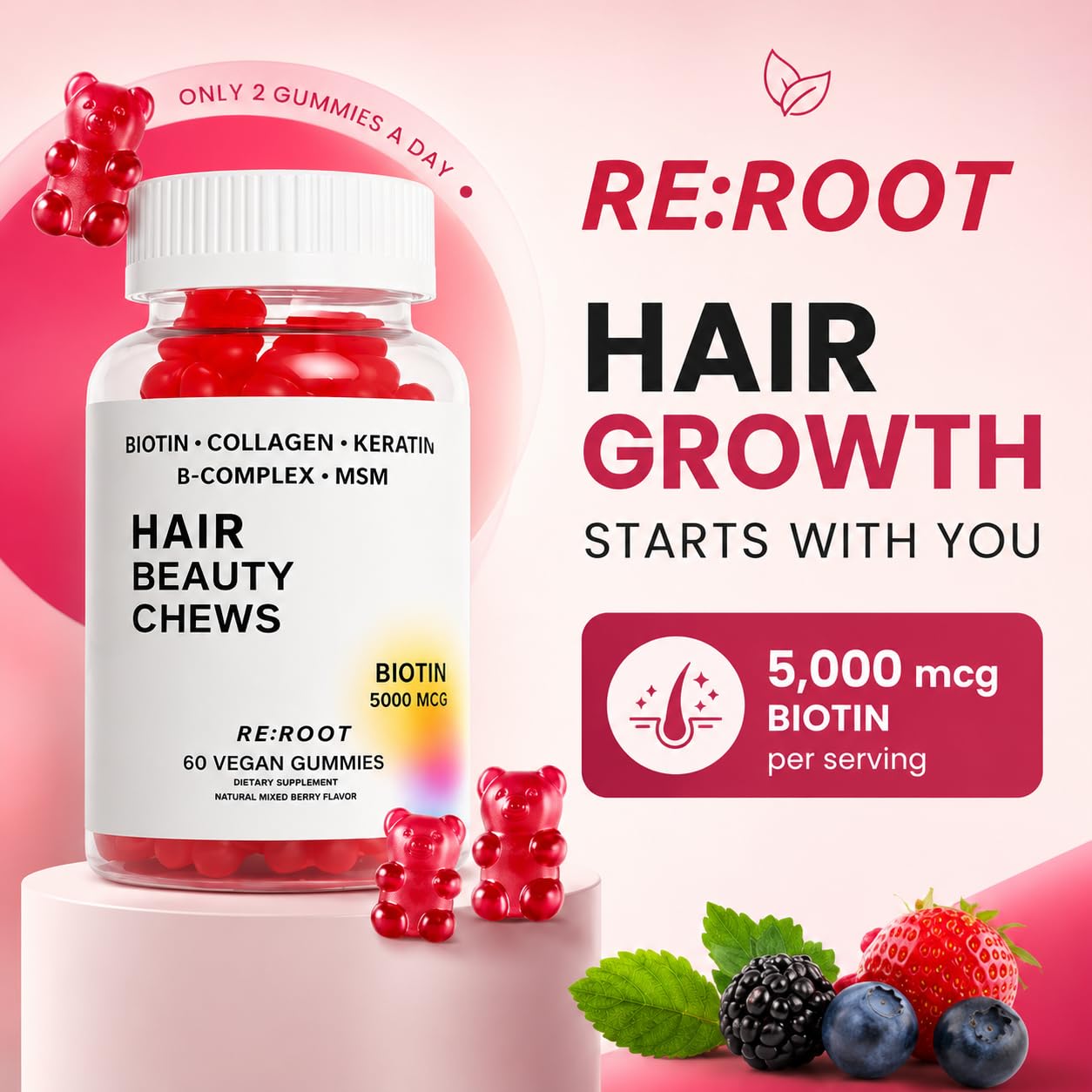 RE:ROOT Hair Growth Gummies – 5,000 mcg Biotin with Collagen, Keratin & MSM – Hair, Skin & Nails Support – 60 Gummies