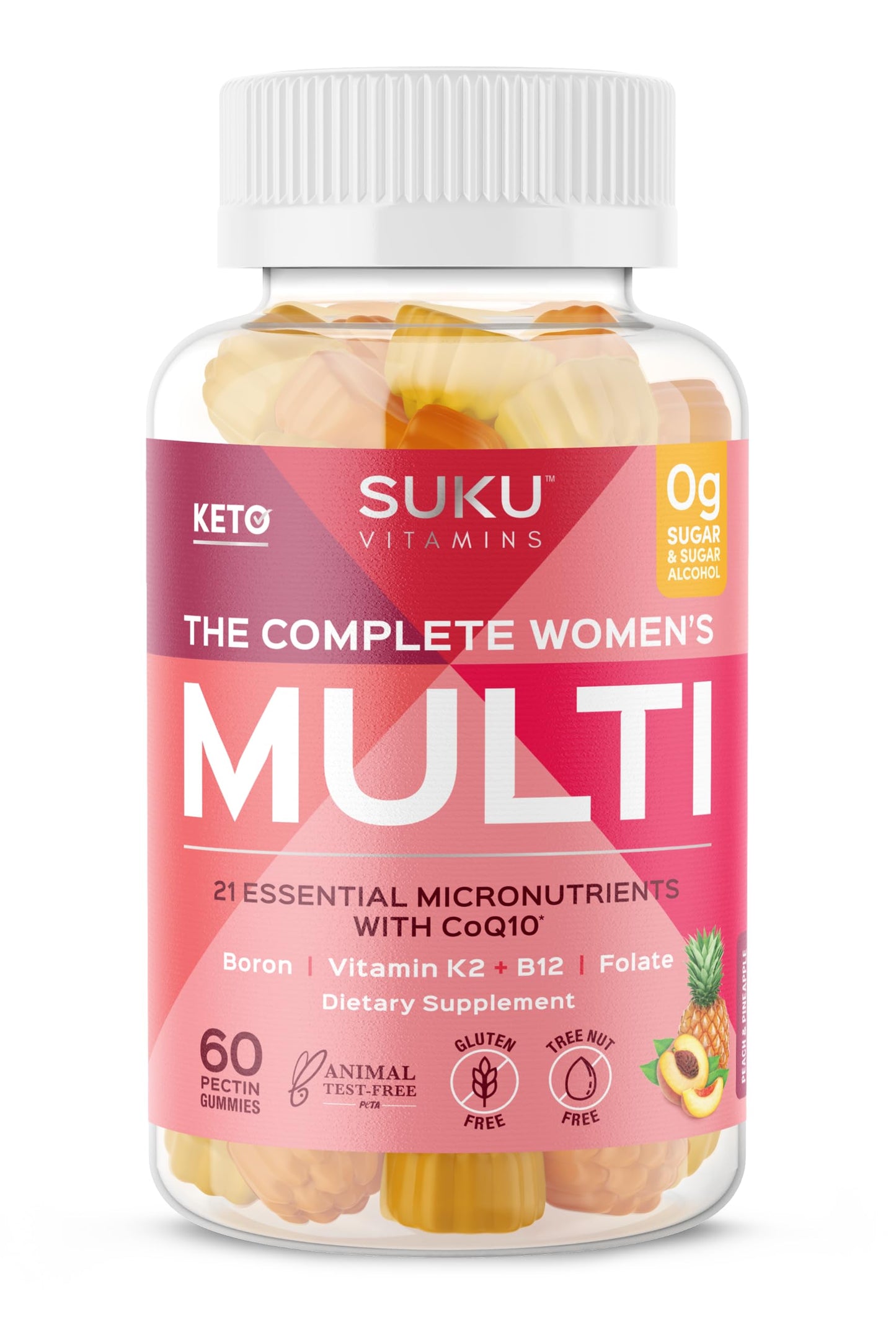 SUKU Complete Women's Multi Gummy Vitamins with Boron, Vitamin K2, B12, A and More - Pineapple & Peach Flavor, Non-GMO, Gluten Free, Sugar Free, 60 Count