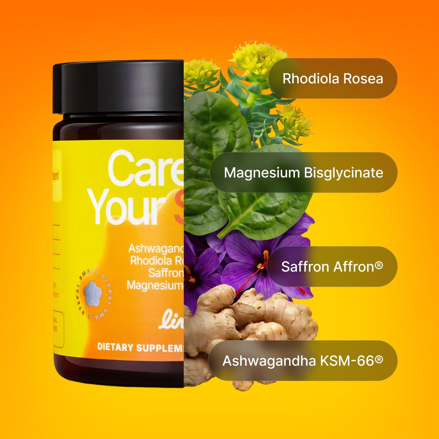 LIVEN SUPPLEMENTS Care for your Stress - KSM-66, Rhodiola Rosea, Magnesium & Saffron Extract – Daily Balance & Focus Support Capsules 60 Count