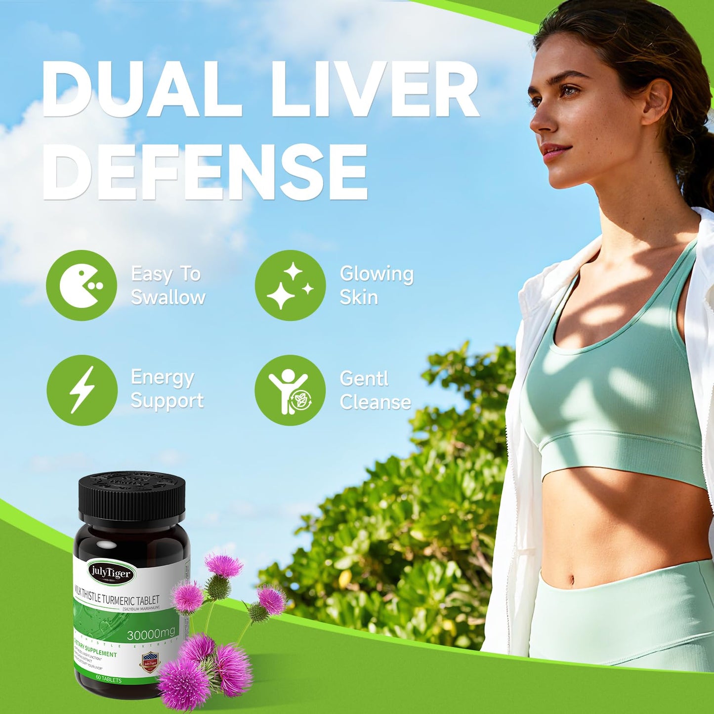 julytiegr Milk Thistle Liver Detox 500mg Extract with Rhizoma Curcumae Longae, Artichoke Extract and Inositol, Liver Cleanse Detox & Repair, 60 Tablets