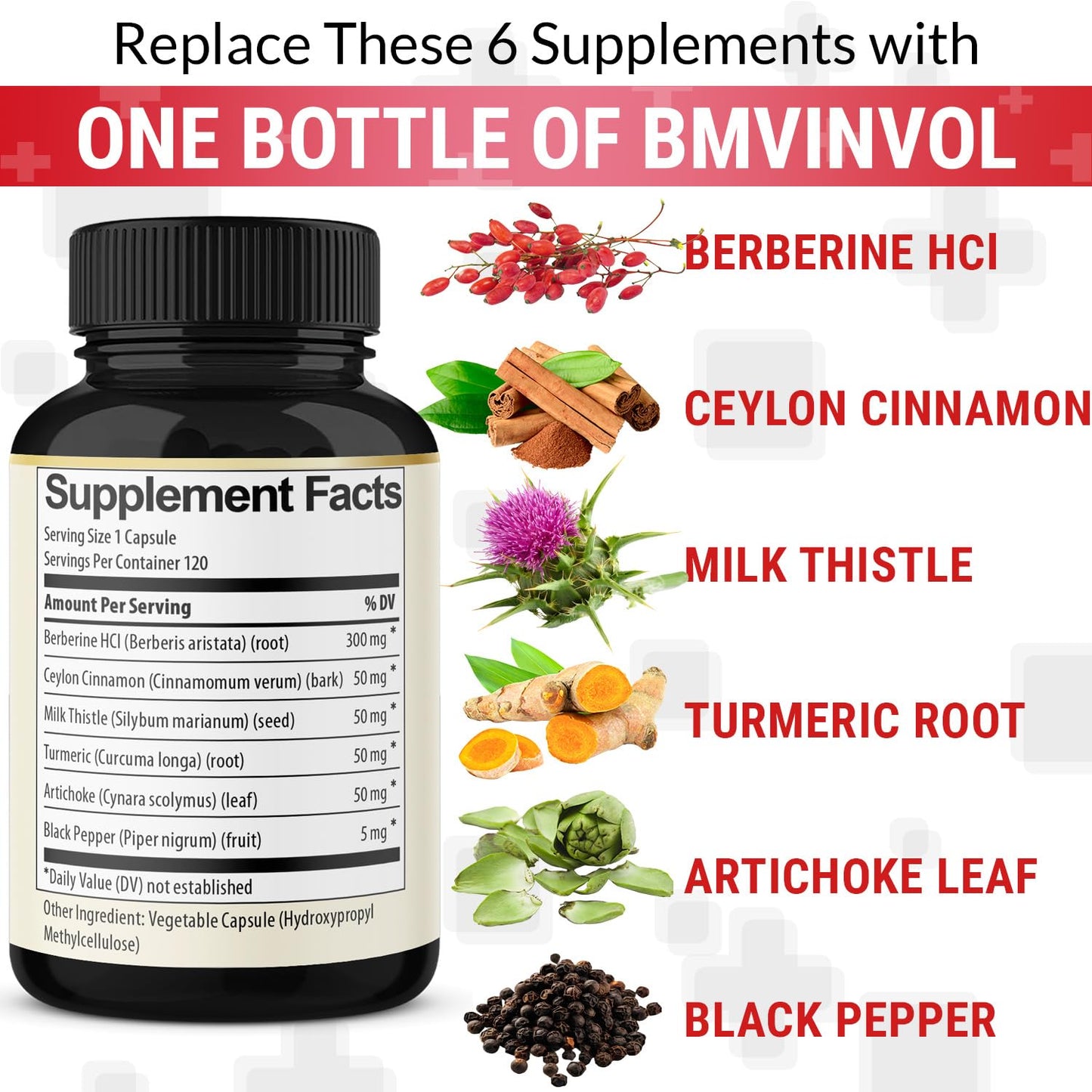 BMVINVOL 6in1 Berberine Supplement with Ceylon Cinnamon, Turmeric Root, Milk Thistle, Artichoke, Black Pepper Capsules, 120 Count