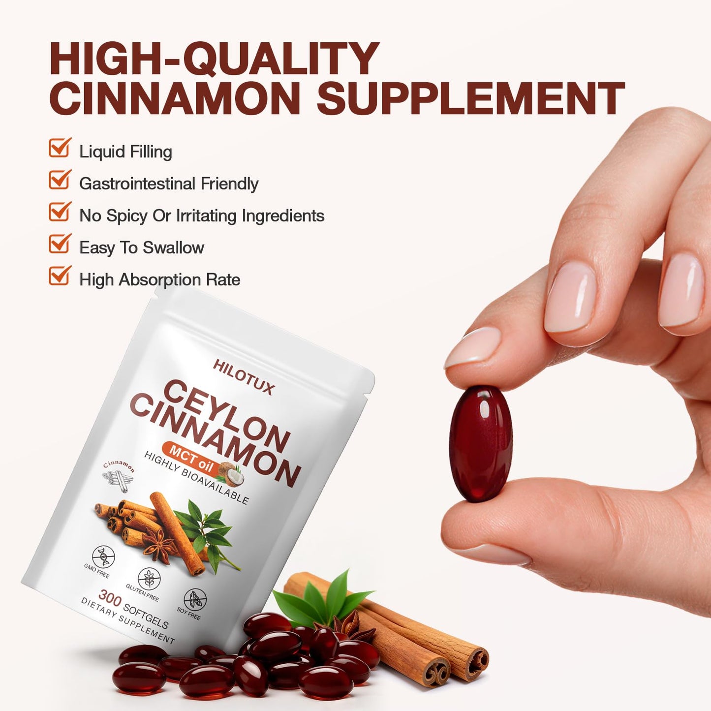 HILOTUX Ceylon Cinnamon Softgels with MCT Oil, 300 Count