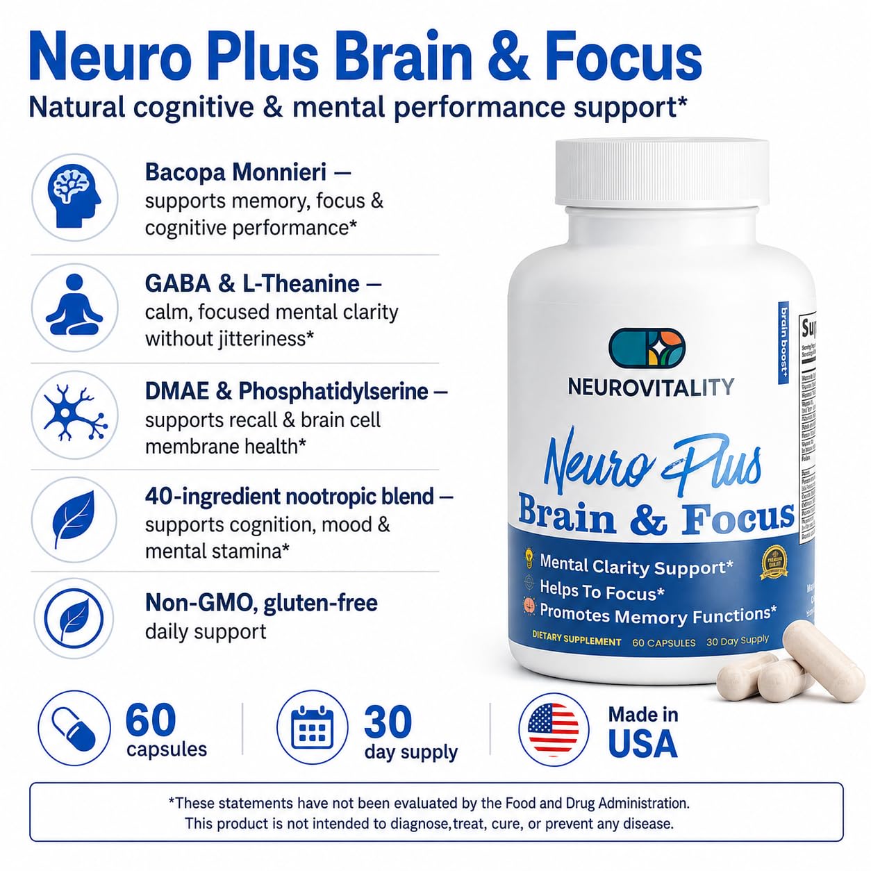 Generic Neuro Plus Brain and Focus Formula Capsule 60 Count