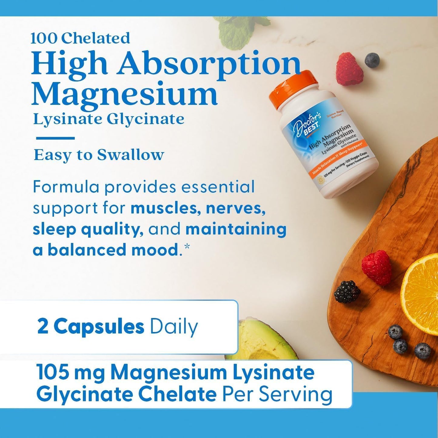 Doctor's Best High Absorption Magnesium Glycinate Lysinate Supplement Capsules, 120 Veg Caps
