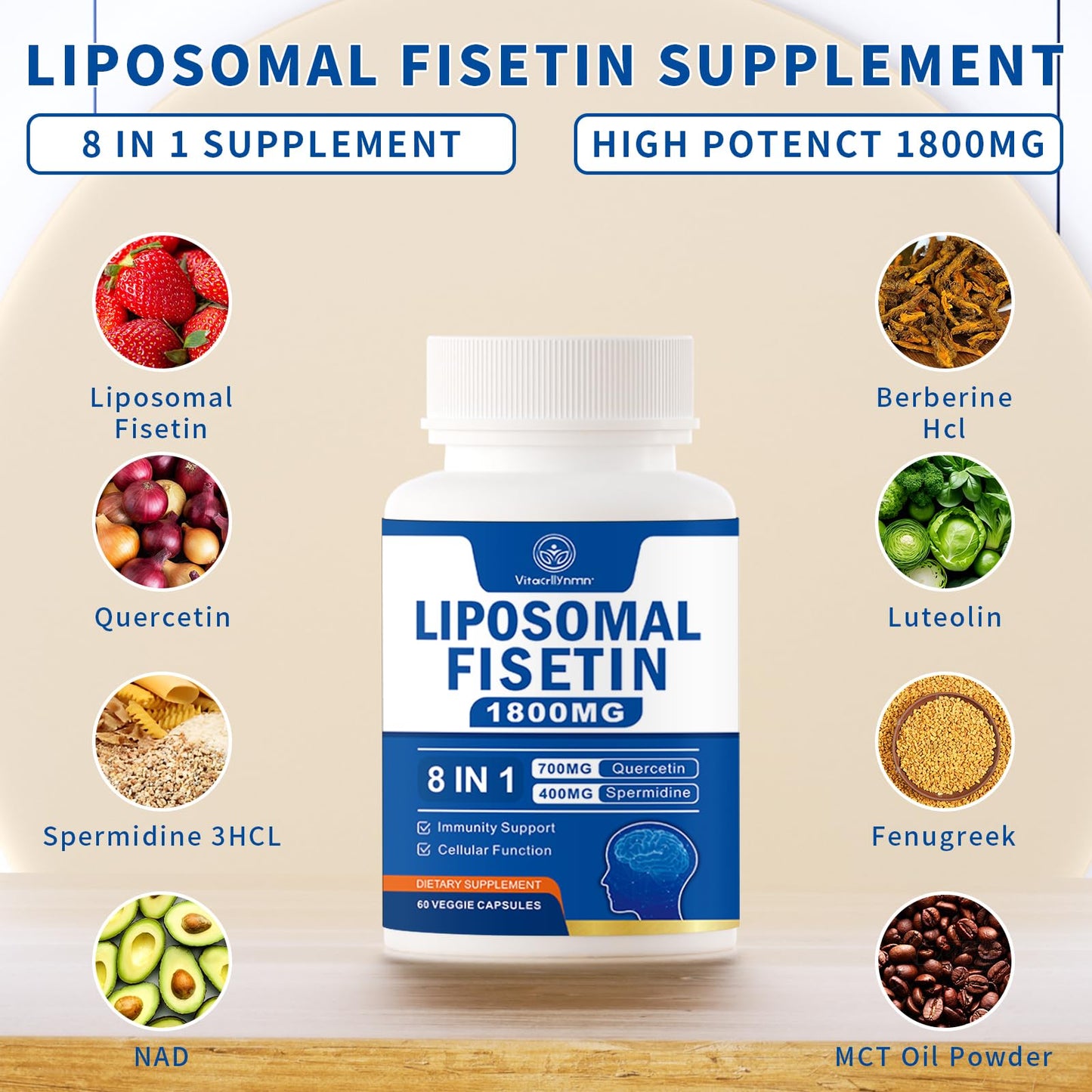 VITACRLLYNMN 1800mg Fisetin Supplement with Advanced Liposomal Delivery, 98% Pure Fisetin Antioxidant for Healthy Aging, Non-GMO, 120 Capsules