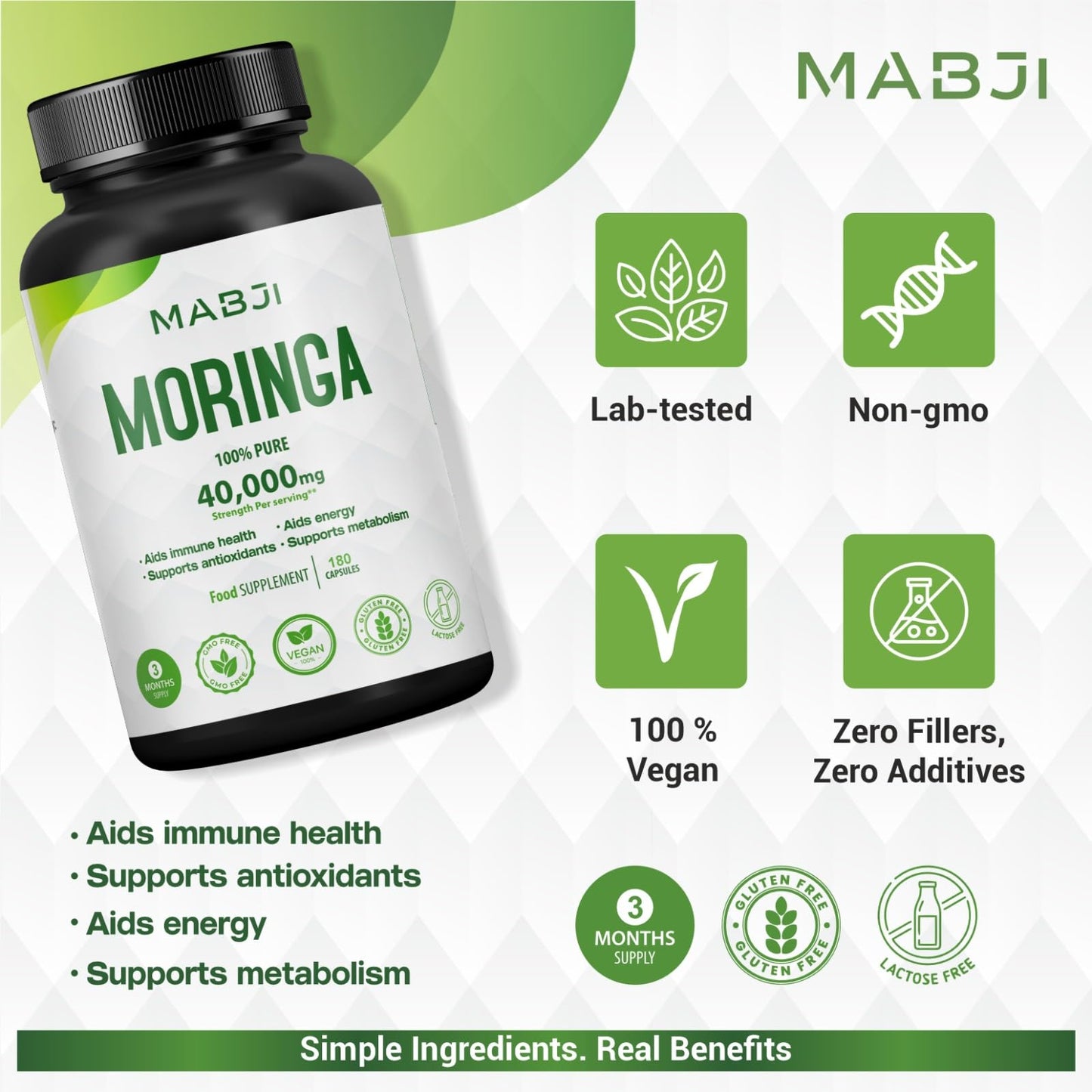 MABJI Pure Organic Moringa Capsules 40000 mg, 180 Capsules