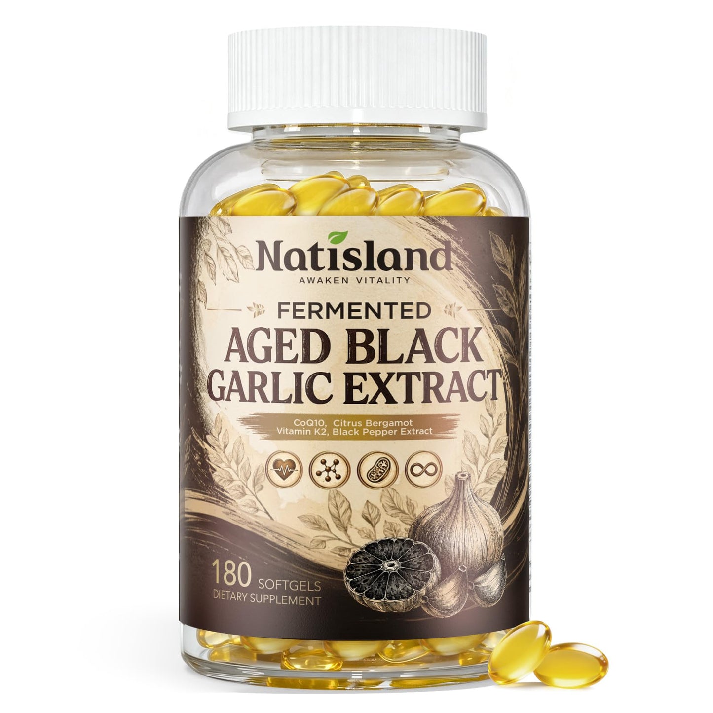 NATISLAND Aged Black Garlic Extract Softgels, 180 Softgels