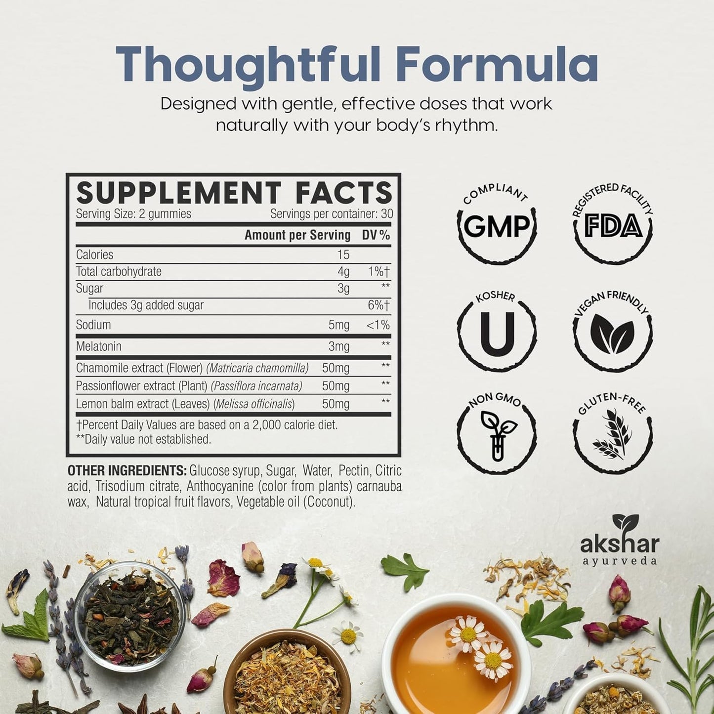 AKSHAR Ayurveda Sleep Gummies for Adults with Melatonin, Chamomile, Passionflower and Lemon Balm, 3mg Melatonin Gummies, 120 Count