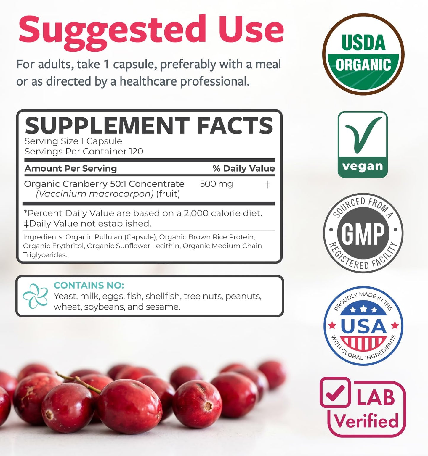 PURE CO Organic Cranberry Pills for Women 500mg Cranberry Concentrate Capsules, 120 Count