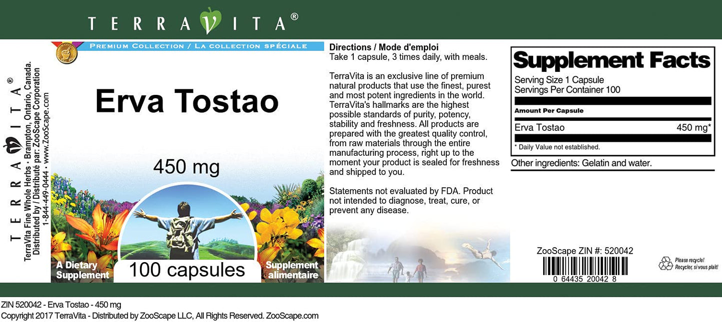 Terravita Erva Tostao 450 mg Capsules, 300 Capsules