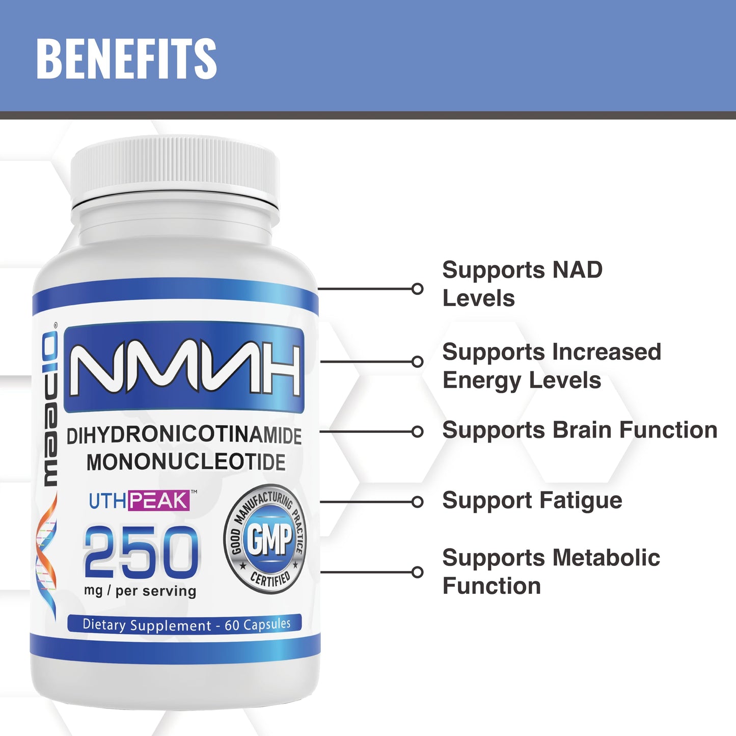 MAAC10 NMNH (NMN Supplement Alternative) 250mg Serving Capsule, 180 Count