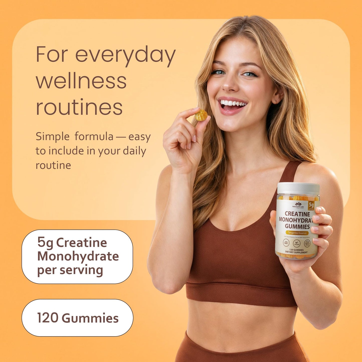 NaturaLife Labs Creatine Monohydrate Gummies - 5g per Serving - Tangerine Flavor - Gluten-Free, Non-GMO, Vegan, Sugar Free - 120 Gummies