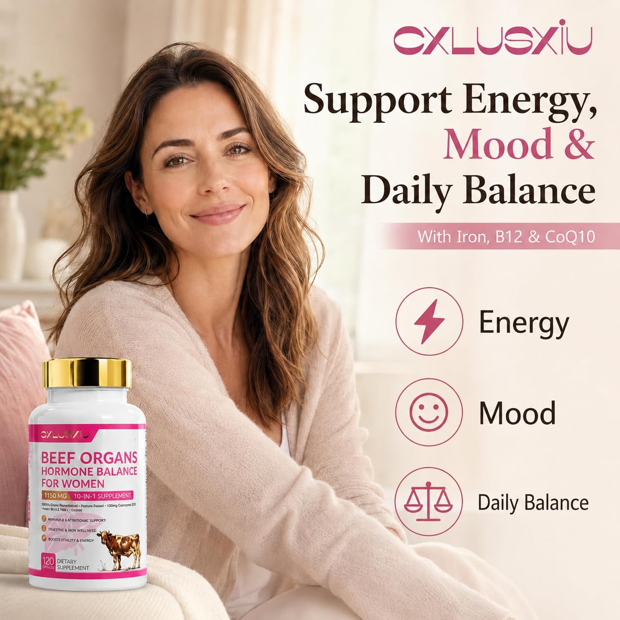 Cxlusxiu Beef Organ Capsules for Women, Grass-Fed Beef Liver, Female Glandular Support, Iron, CoQ10, Choline, B12 & B6, 120 Capsules