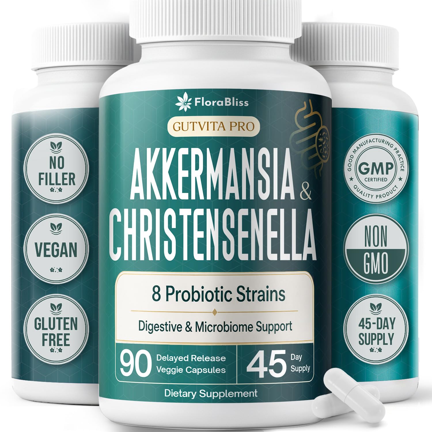 FloraBliss Probiotic with Christensenella & Akkermansia, 8 Strains, 50 Billion CFU, 90 Capsules