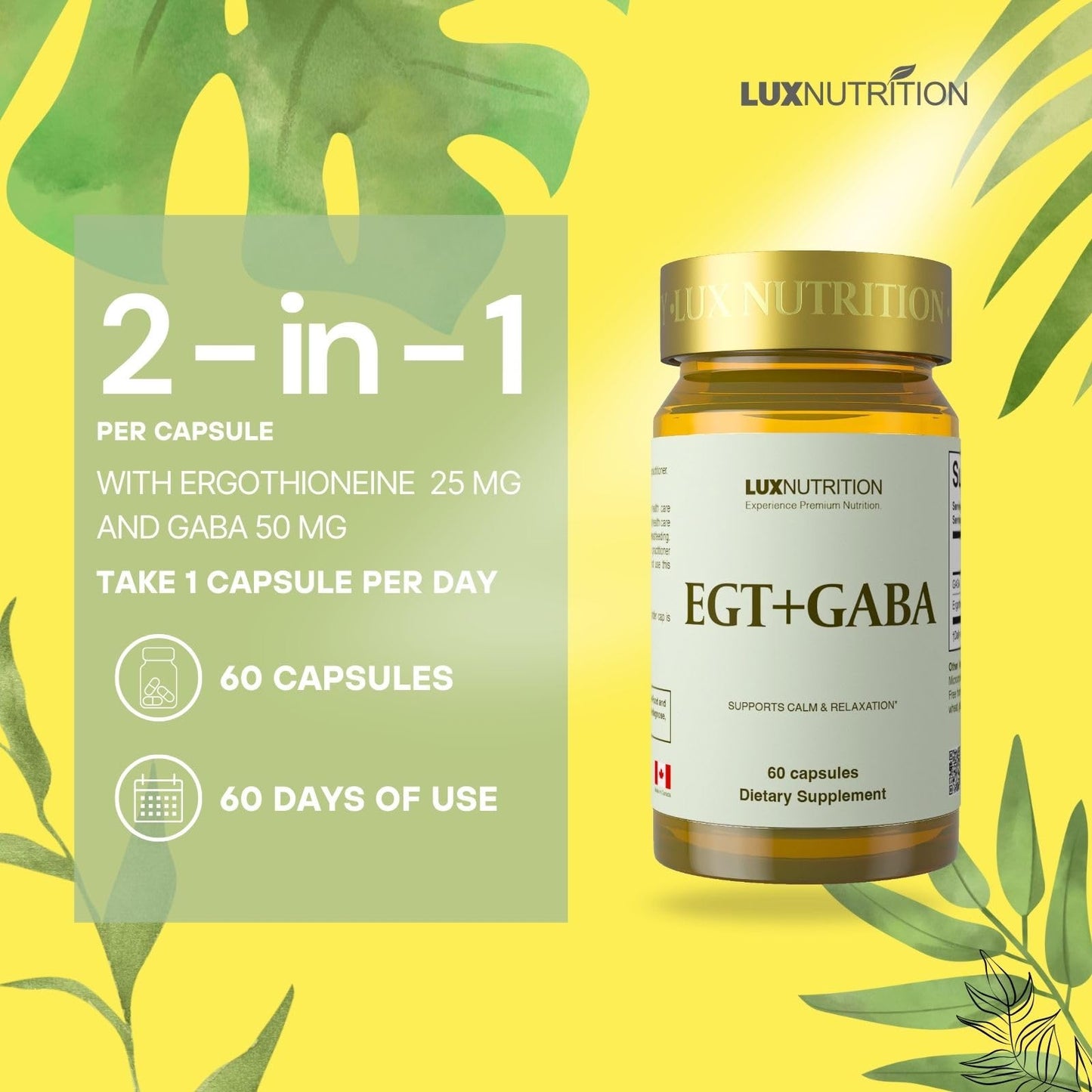 LUXNUTRITION EGT + GABA Supplement Capsules, 60 Count