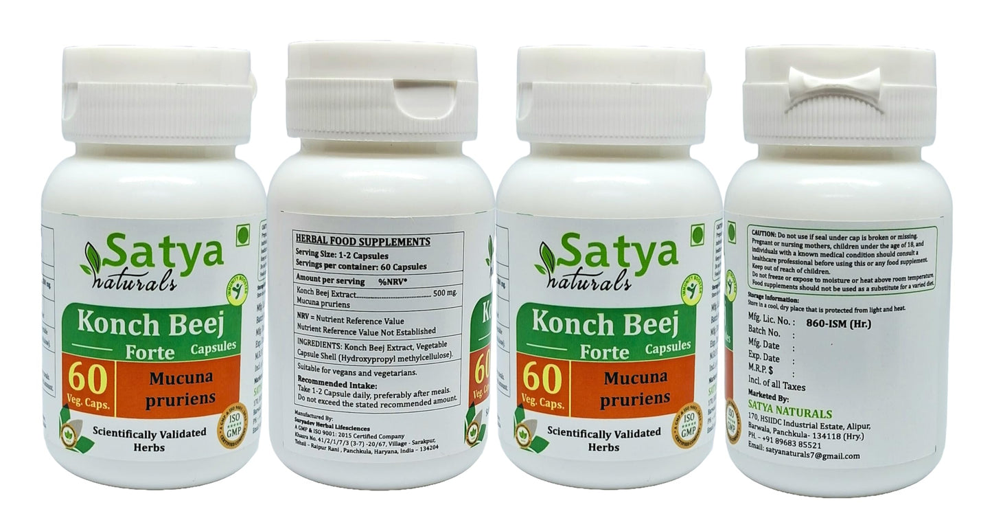 Satya Naturals Konch Beej Forte Capsules 500 mg, Mucuna Pruriens Extract, 240 Capsules