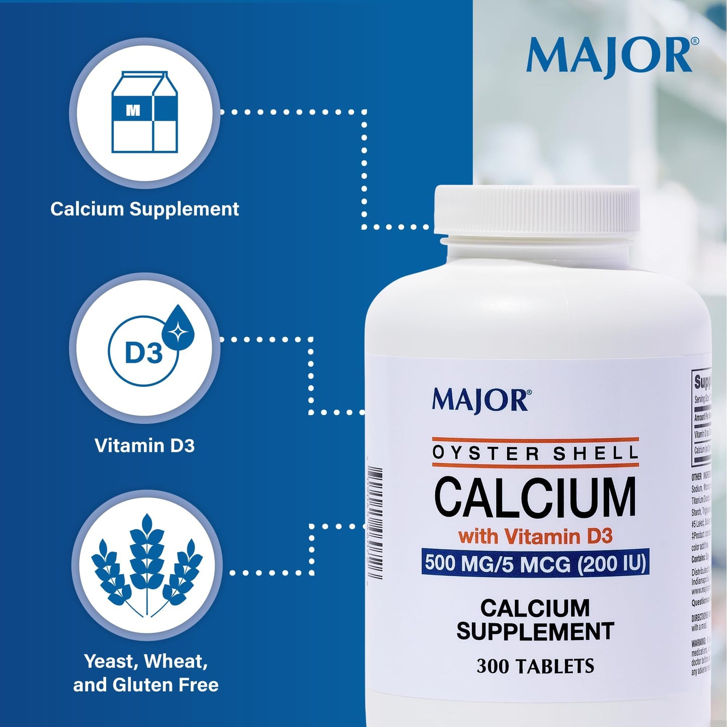 MAJOR Oyster Shell Calcium with Vitamin D3 500 mg / 5 mcg (200 IU) Daily Calcium Supplement Tablet - 1 Count