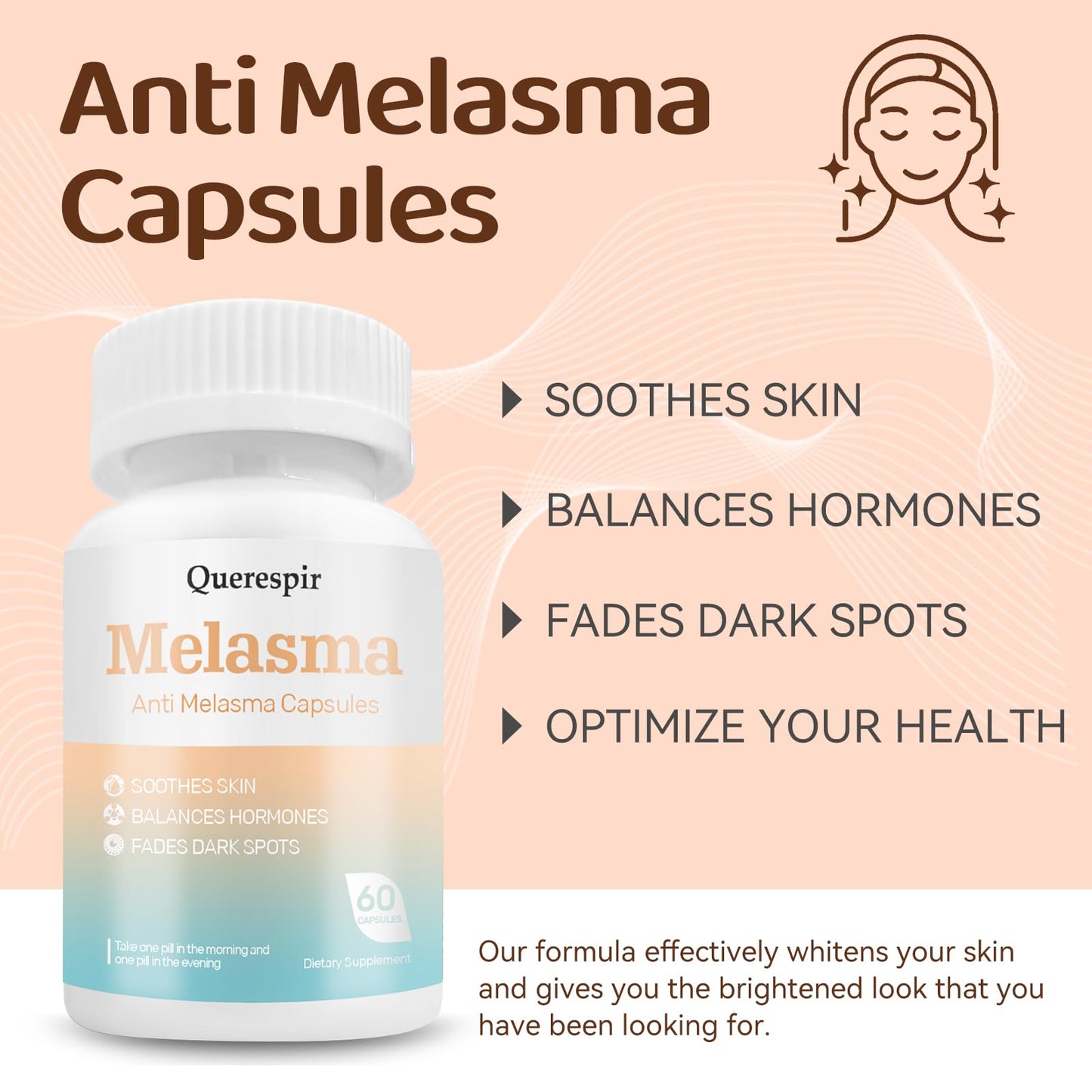 Querespir Melanina Anti-Melasma Capsule, Brightens & Even Skin Tone with Vitamin C & Turmeric Extract, 60 Capsules